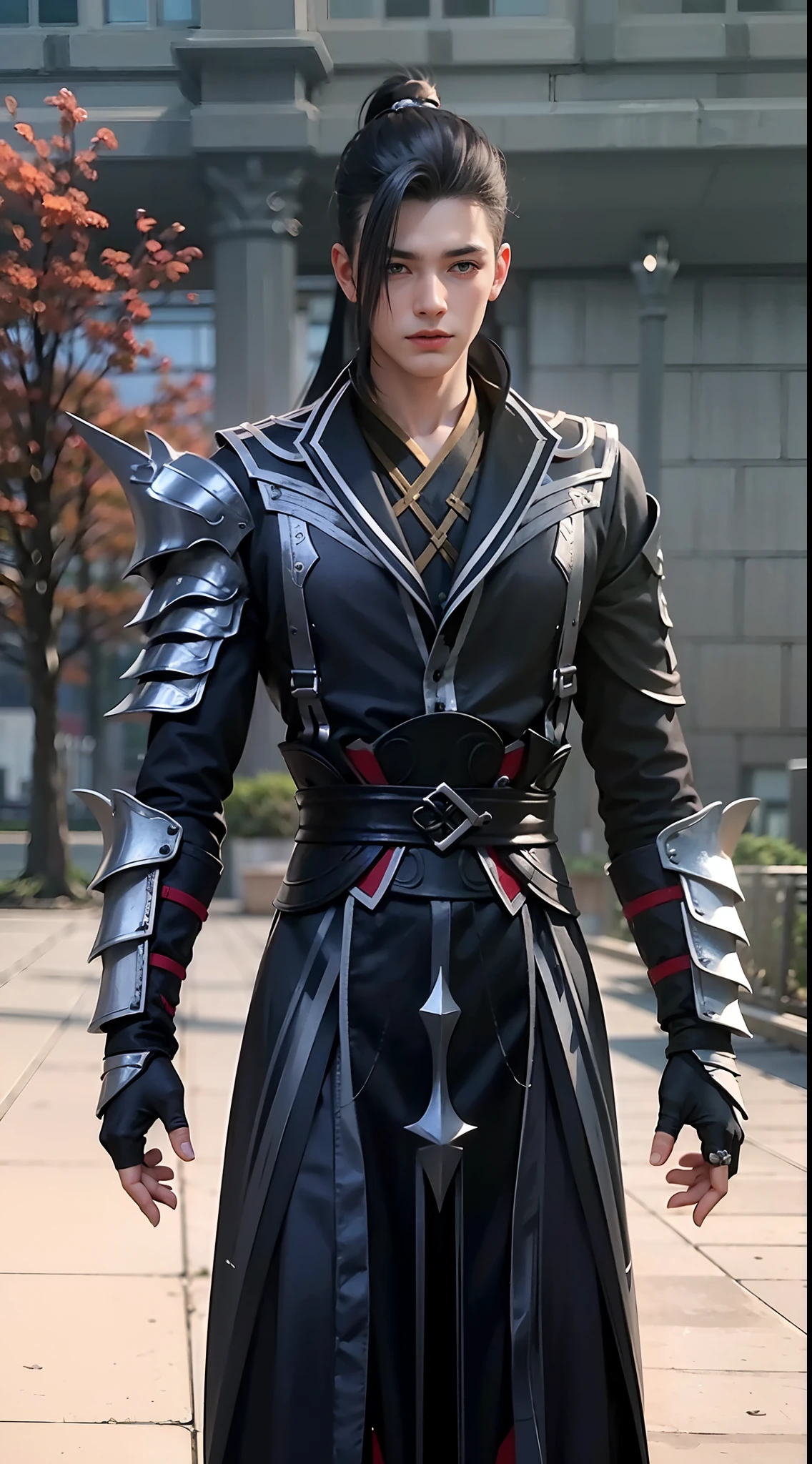1boy,white hair, best quality, photo, 4k,looking at viewer,full body,wear dragon armor,