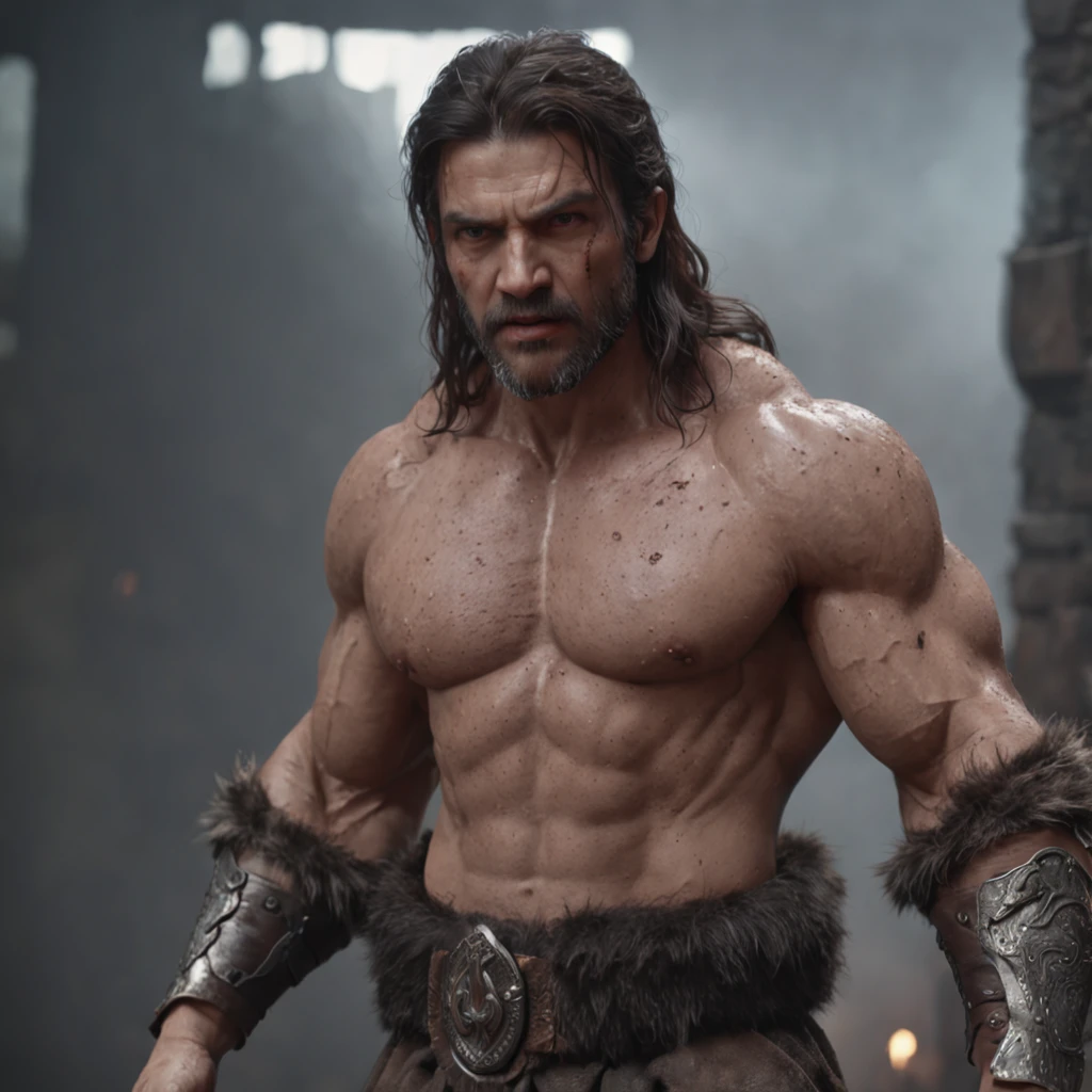 (professional 3d render:1.3) af (Realistic:1.3) most beautiful artwork photo in the world，Features soft and shiny male heroes, ((Epic hero fantasy muscle man rough wet hero angry looking long hair short beard and ferocious expression in dynamic pose, Fantastic location, Majestic cluttered environment)), Full body 8K unified rendering, action  shot, skin pore, very dark lighting, heavyshading, Detailed, Detailed face, (vibrant, photograph realistic, Realistic, Dramatic, Dark, Sharp focus, 8K), (Old leather garments damaged by weathering:1.4), ((((Wear fur)))), (Intricate:1.4), decadent, (Highly detailed:1.4), Digital painting, rendering by octane, art  stations, concept-art, smooth, Sharp focus, illustration, Art germ, (loish:0.23), wlop ilya kuvshinov, and greg rutkowski and alphonse mucha gracias, (Global illumination, Studio light, volumettic light), heavy rain, particles floating, lotr, fantasy, elf, full bodyesbian, ((Dark and ancient city background:1.3)),CGSesociety,art  stations