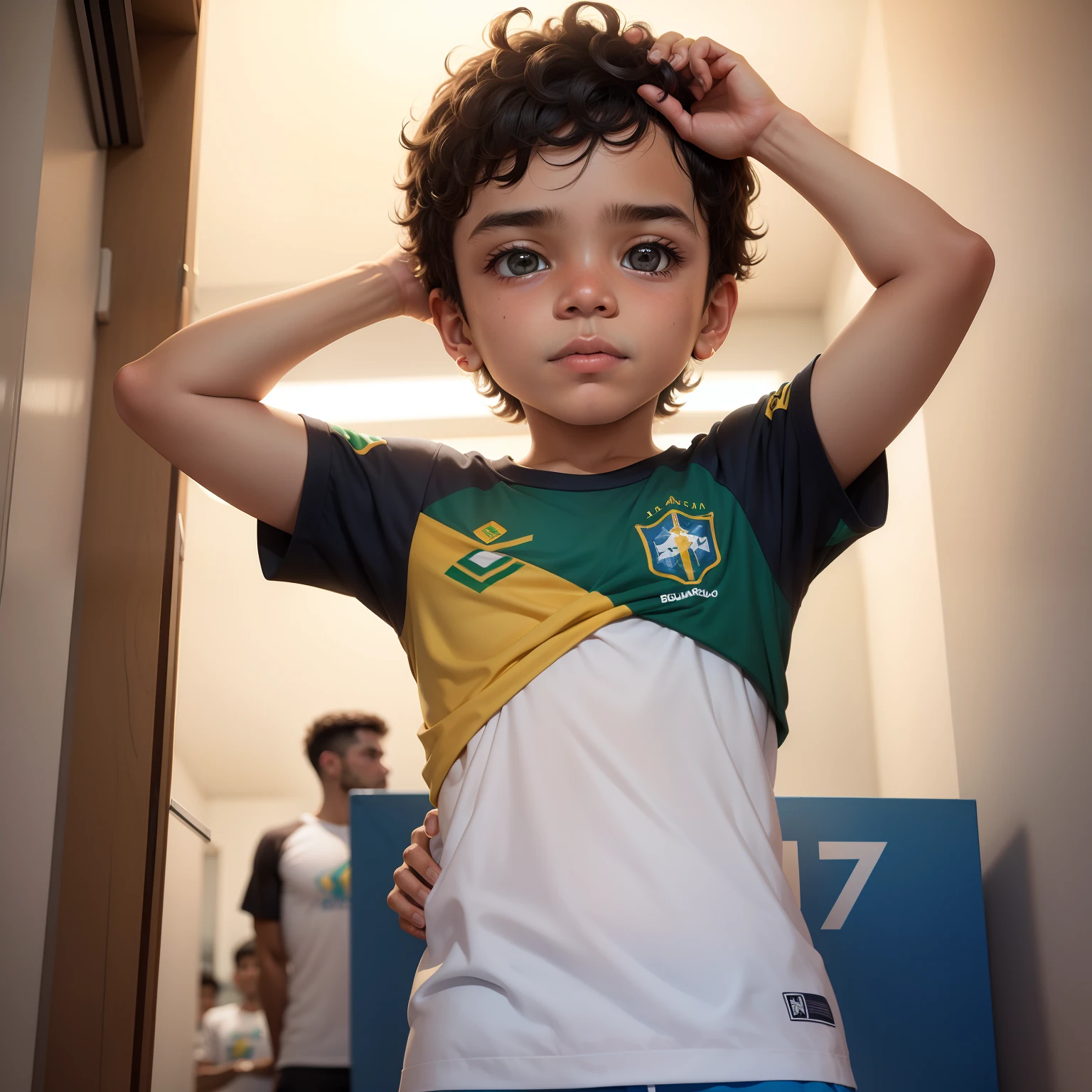 menino fofo, fundo branco, camisa representando o Brasil