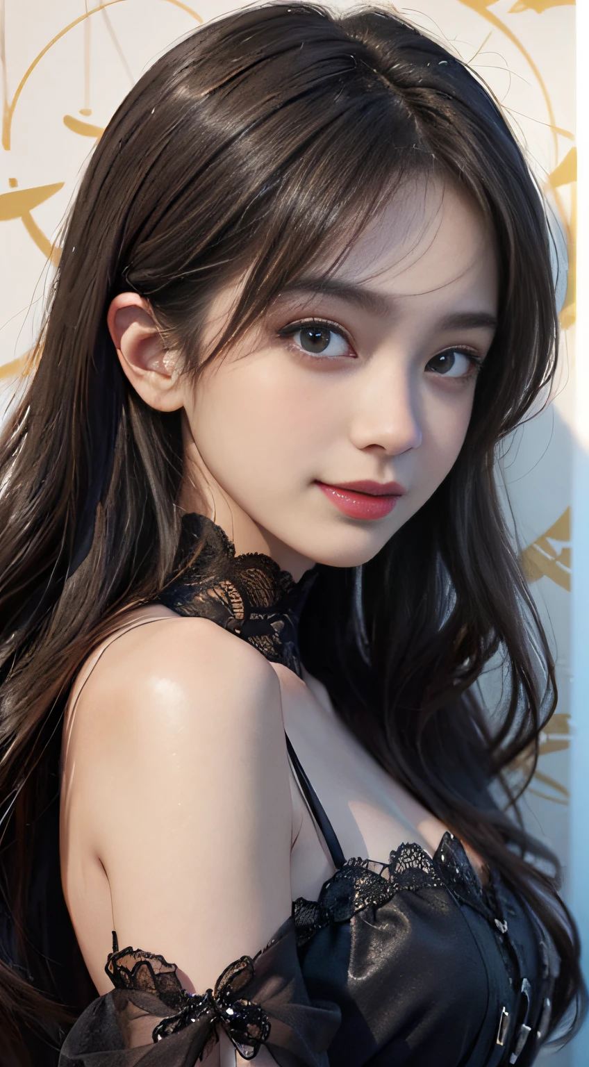 (A hyper-realistic)、(illustratio)、(hight resolution)、(8K)、(ighly detailed)、(Best Illustration)、(beautifully detailed eyes)、(top-quality)、(ultra-detailliert)、(masterpiece)、(wall-paper)、(A detailed face)、独奏、1 girl in、looking at viewert、fine detailed、A detailed face、in the darkness nigth、deep-shadows、lowkey、pureerosfaceace_v1、A smile、long、Black shawl straight hair、46-point diagonal bangs, (silk dresses、long skirt)(off shoulders)