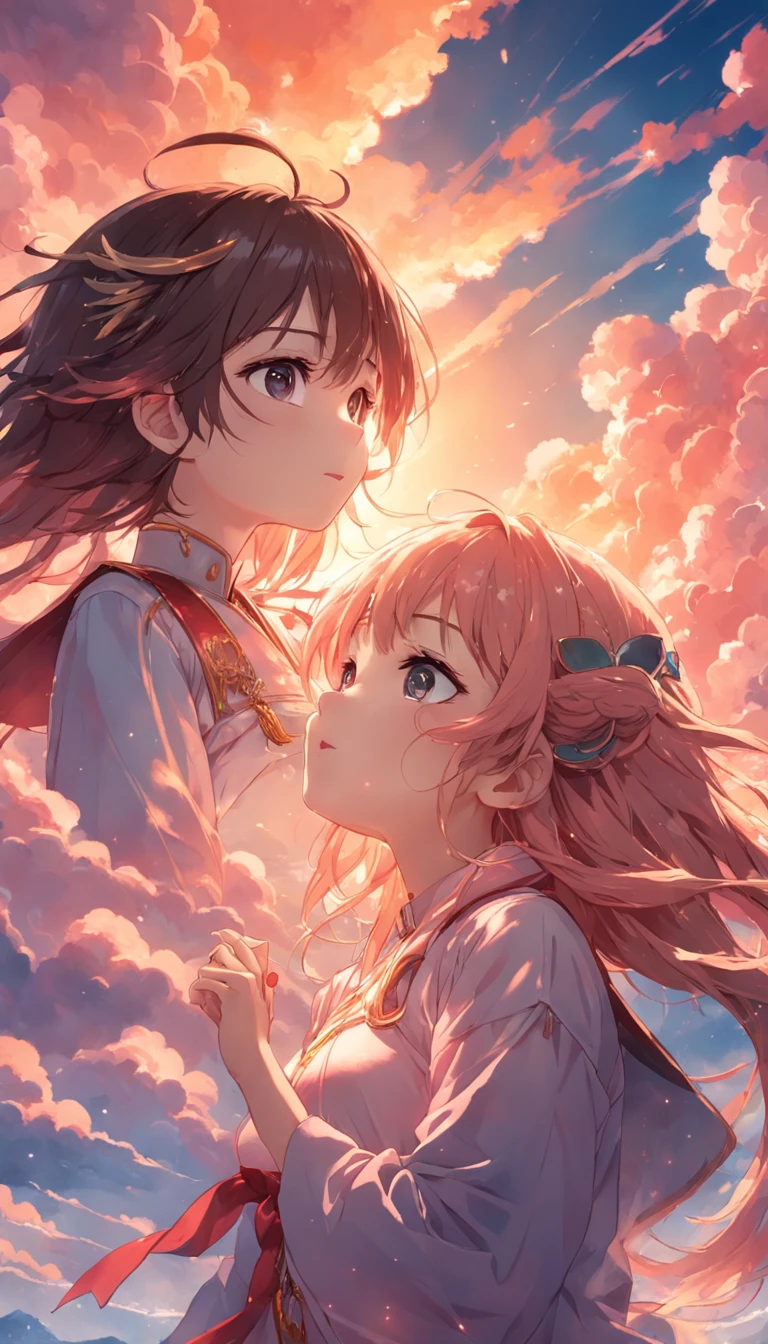 tmasterpiece,best qualtiy,cinematic Film still from,1girl,Colorful auspicious clouds,Kizi,Floating in the sky,closeup cleavage,brightly,cheerfulness,Warm and soft lighting,the sunset,(spark of light:0.7)