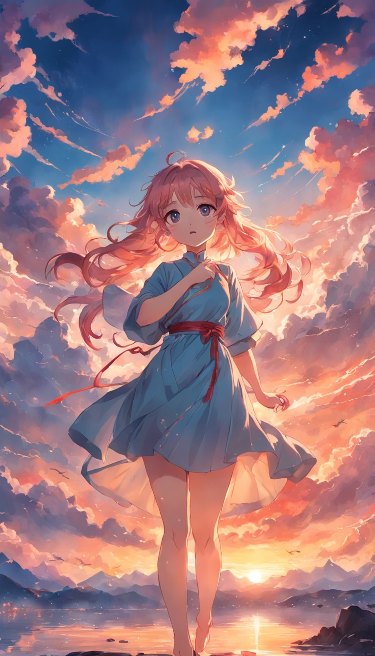 tmasterpiece,best qualtiy,cinematic Film still from,1girl,Colorful auspicious clouds,Kizi,Floating in the sky,closeup cleavage,brightly,cheerfulness,Warm and soft lighting,the sunset,(spark of light:0.7)