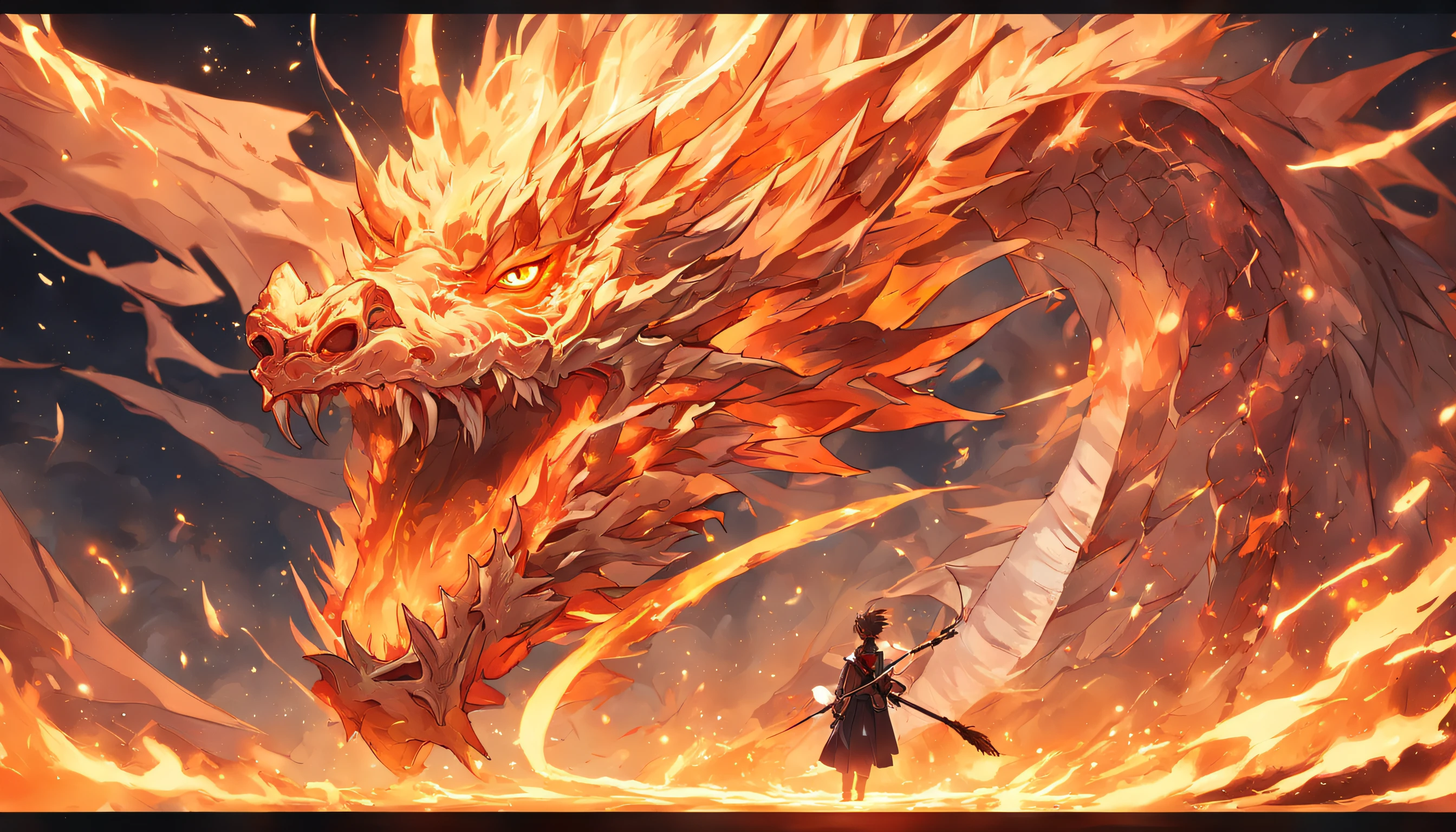 (Handsome ager riding a dragon),Holding a feather fan,Golden-red fire dragon,ablaze with intensity,There was a fire in the air,Gunsmoke effect:1.5,Slender dragon body,elevation,Faraway view,super detailing,best qualtiy,tmasterpiece,8K,Extremely detailed,Epic artwork