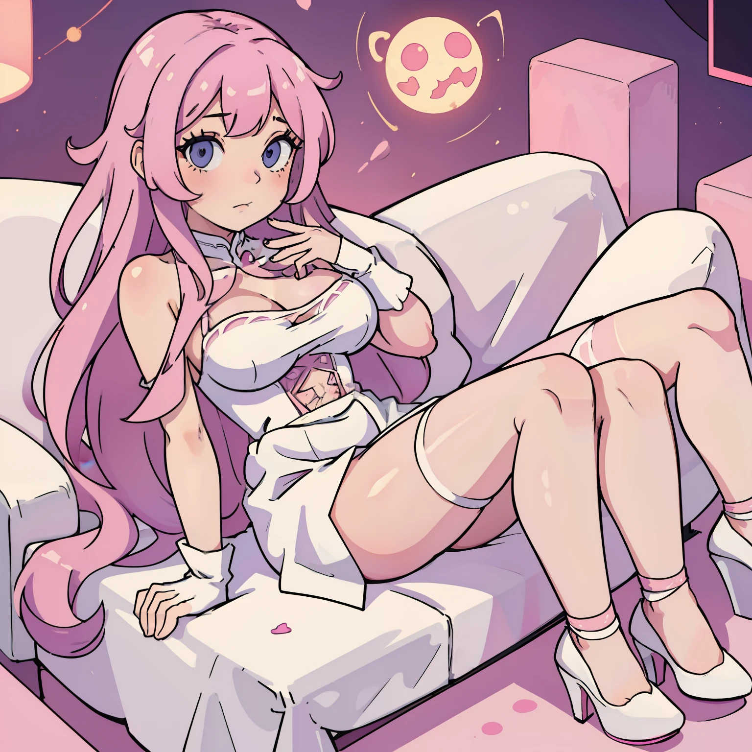 Pink hair，Long whit hair，A queen，Cute Girl，She wears a long white transparent dress，white stockings，high-heels，whitegloves，Delicate facial features，perfect bodies，Colossal tits，legs crossed，Exposed fat time，sitting in the couch，is shy，Be red in the face