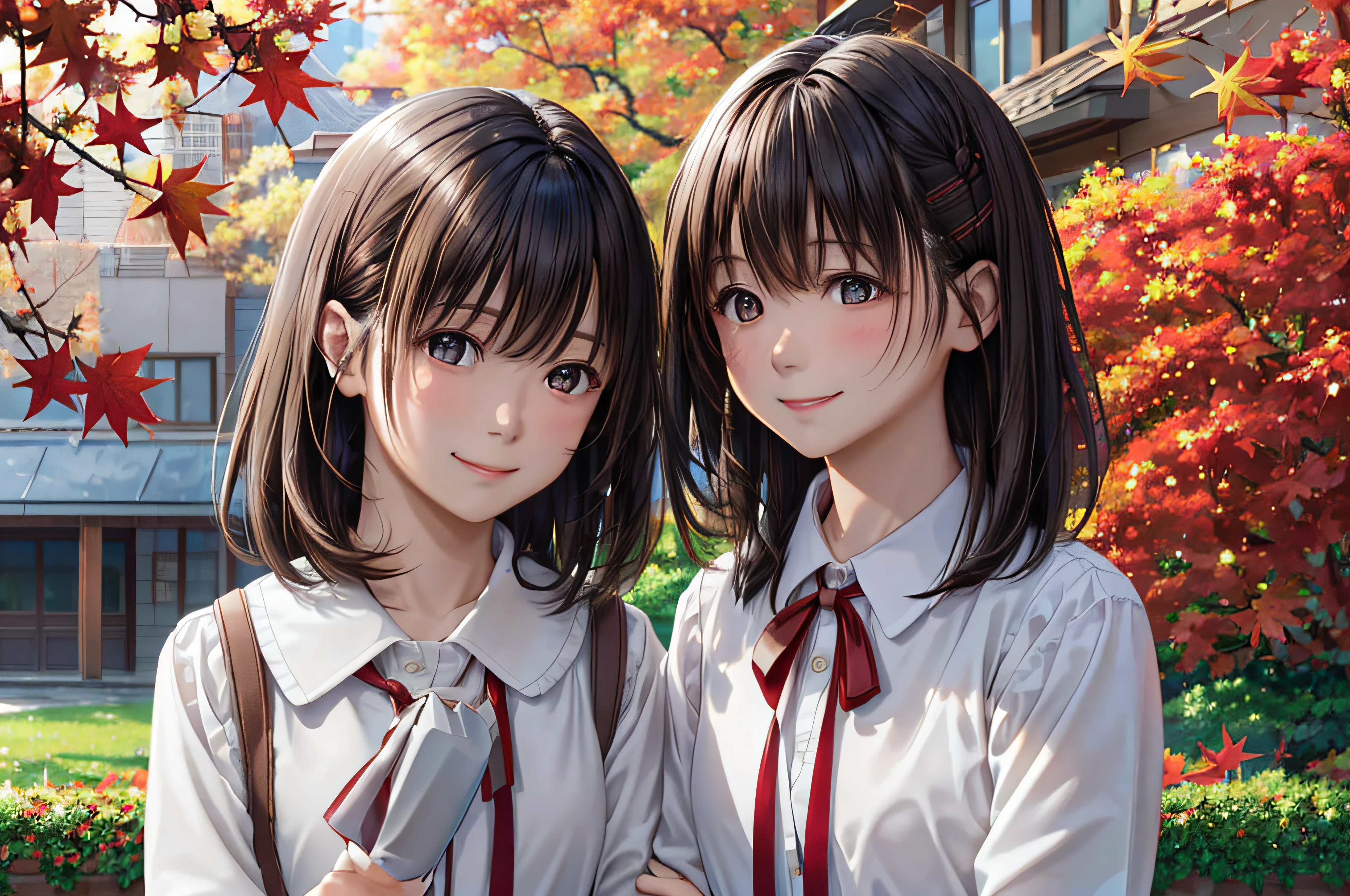 The background is a tree with blurred autumn leaves々、Red leaves with autumn leaves、autumnal、hi-school girl、soio、校服、Close-up in profile、​masterpiece、top-quality、top-quality、realisitic、8k 、Highly detailed CG、hight resolution、ultra-detailliert、finely detail、lighting like a movie、(1girl:1.4 )、(Brownish|A dark-haired:1.4)、with light glowing、Leaves fluttering in the wind、Medium hair, (real looking skin:1.2)、(light brown-skinned:1.2)、 Beautiful Girl Beautiful Details、extremely detailed eye and face、Eyes with beautiful details、ultra detailed and beautiful、red blush、embarrassed from、a smile、Hair swaying in the wind、outside of house、daytime、during the day