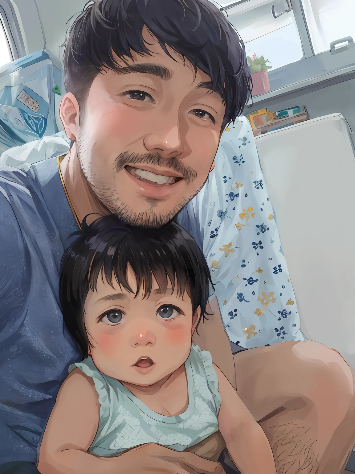 there is a man holding a  in his lap, with a kid, caring fatherly wide forehead, father with child, japanese, 8k selfie photograph, daddy/fatherly, 36 years old, anime style art