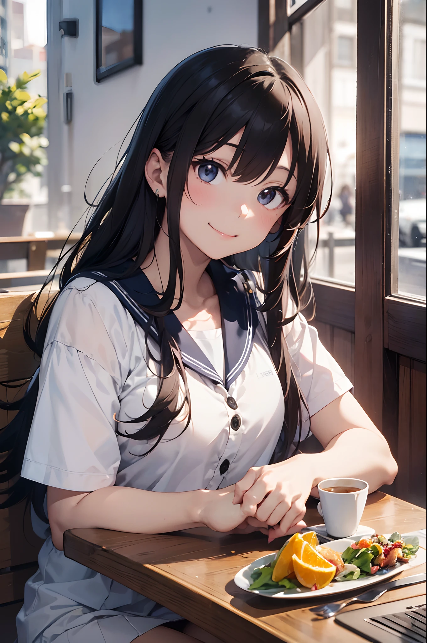 (8K, Raw photography, top-quality, ​masterpiece:1.2), 1girl in, 3 d, Look straight at the other person、A dark-haired、The long-haired、Lunch at a café、Salad on the table with orange juice and forks、sitting on、、Short sleeve sailor suit、a miniskirt、Asian,A smile、
