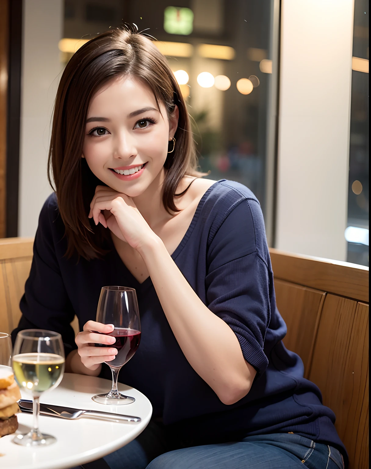 ((Highest quality、8K、masterpiece:1.3))、cute、slimカップル、modelカップル、actress男優、(Realistic, Intricate details:1.2), full-course dinner、Wine Party、Amazing view of the sunset sky and clouds、A bright smile、short hair,Bright Face、 (Age 37), Age 42, red wine 、Appetizers、Italian food、Wine bottle、Champagne、sparkling wine、Two beauties、Brown Hair、Shortcuts、Long sleeve shirt、dress、Beautiful woman 1, (slimな顔), (The body is slim), (Brown Hair), (Shortcuts), cheeks turn a little red,Attractive beauty、restaurant, In a prominent place (From the waist up) Nova Frog Style, actress, model, Upper Body, White wine, slim, wine glass, 中央に置かれたwine glass, smile, (smile: 1.15), Beautiful fine grain, Depth f/2,saturation, High Contrast, Strong light and shadow,Moist Body:1.5、3D texture、Delicate eyes、Brown Hair、The hair is very shiny、