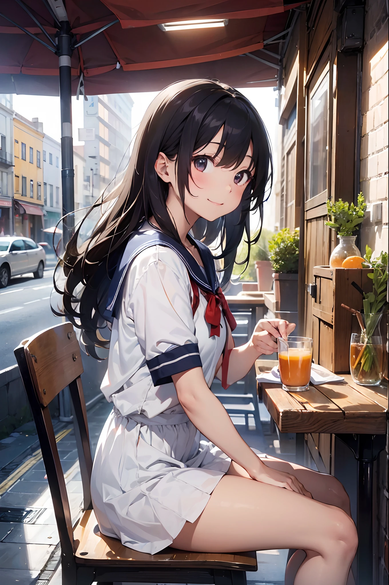 (8K, Raw photography, top-quality, ​masterpiece:1.2), 1girl in, 3 d, Look straight at the other person、A dark-haired、The long-haired、Lunch at a café、Salad on the table with orange juice and forks、sitting on、、Short sleeve sailor suit、a miniskirt、Asian,A smile、