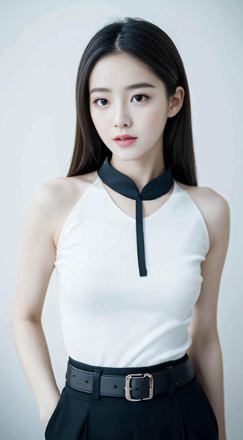 1 pretty girl,white skinned,brown hair,looking at viewer,pony tail, happy smile, black suit