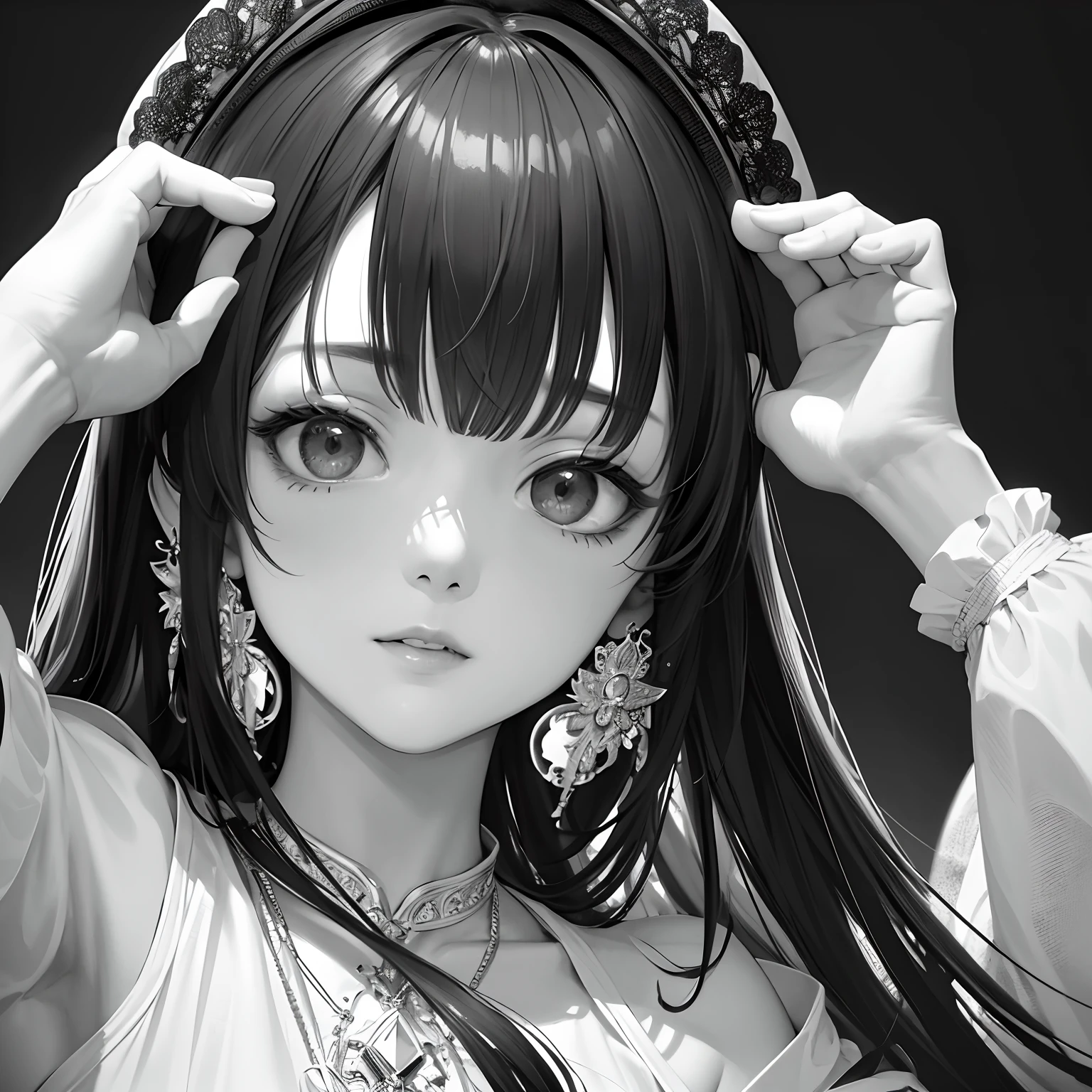 masterpiece、top-quality、hight resolution、High-quality images、8K、1womanl、detaileds、Detailed eye depiction、skin gloss、Monochrome grayscale、Nomiya、portlate、Childhood