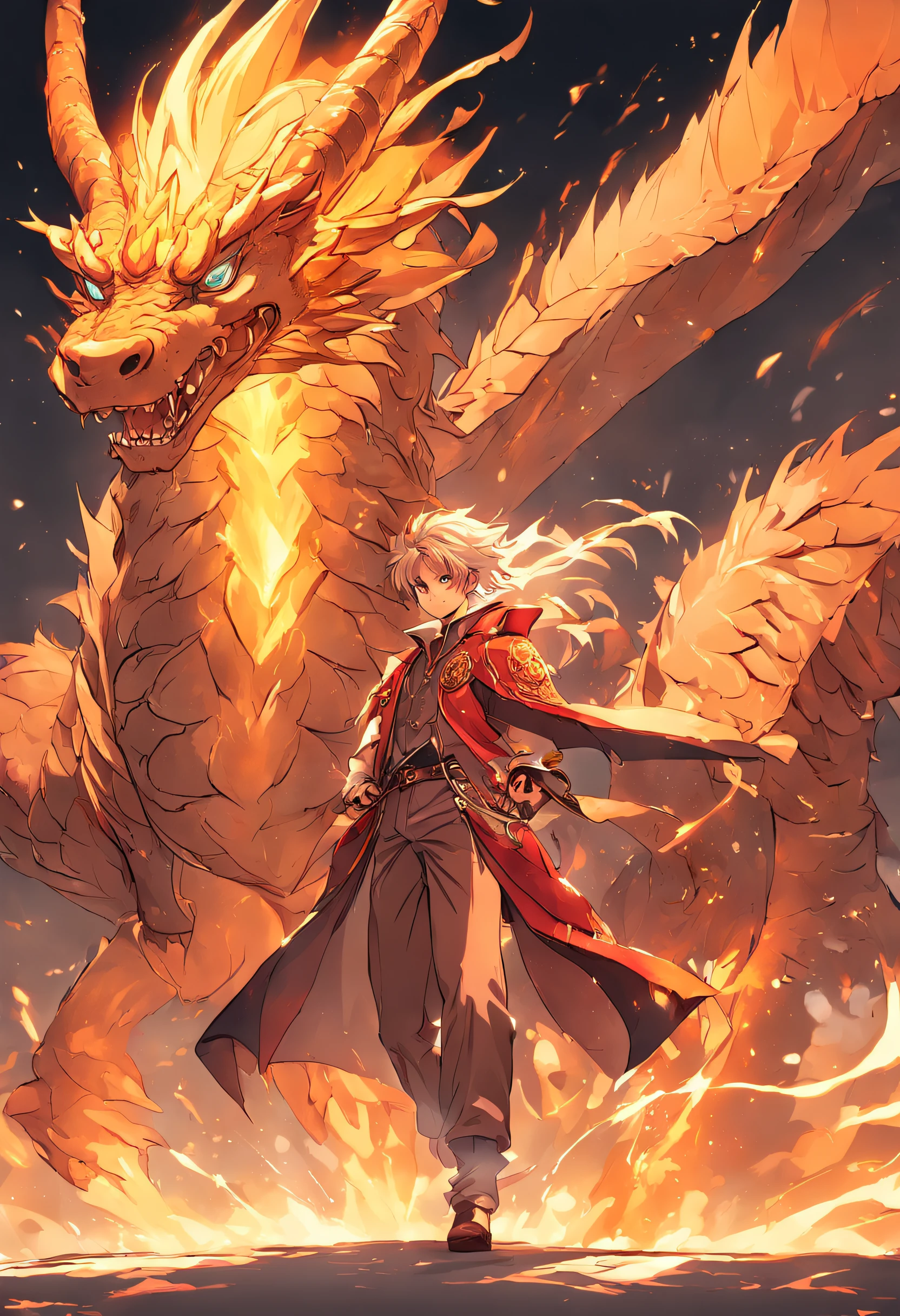 (Handsome teenager riding a dragon),Holding a feather fan,Golden-red fire dragon,ablaze with intensity,There was a fire in the air,Gunsmoke effect:1.5,Slender dragon body,elevation,Faraway view,super detailing,best qualtiy,tmasterpiece,8K,Extremely detailed,Epic artwork