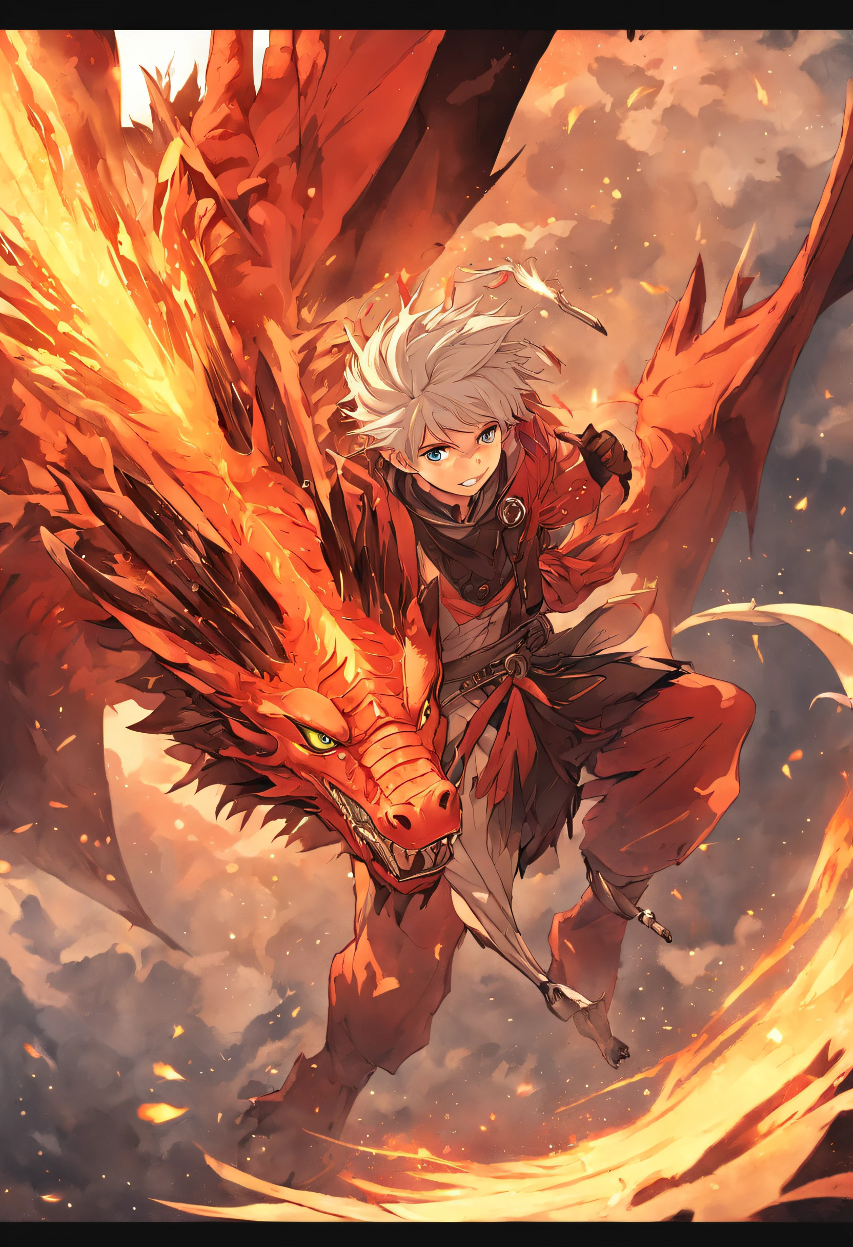 (Handsome ager riding a dragon),Holding a feather fan,Golden-red fire dragon,ablaze with intensity,There was a fire in the air,Gunsmoke effect:1.5,Slender dragon body,elevation,Faraway view,super detailing,best qualtiy,tmasterpiece,8K,Extremely detailed,Epic artwork