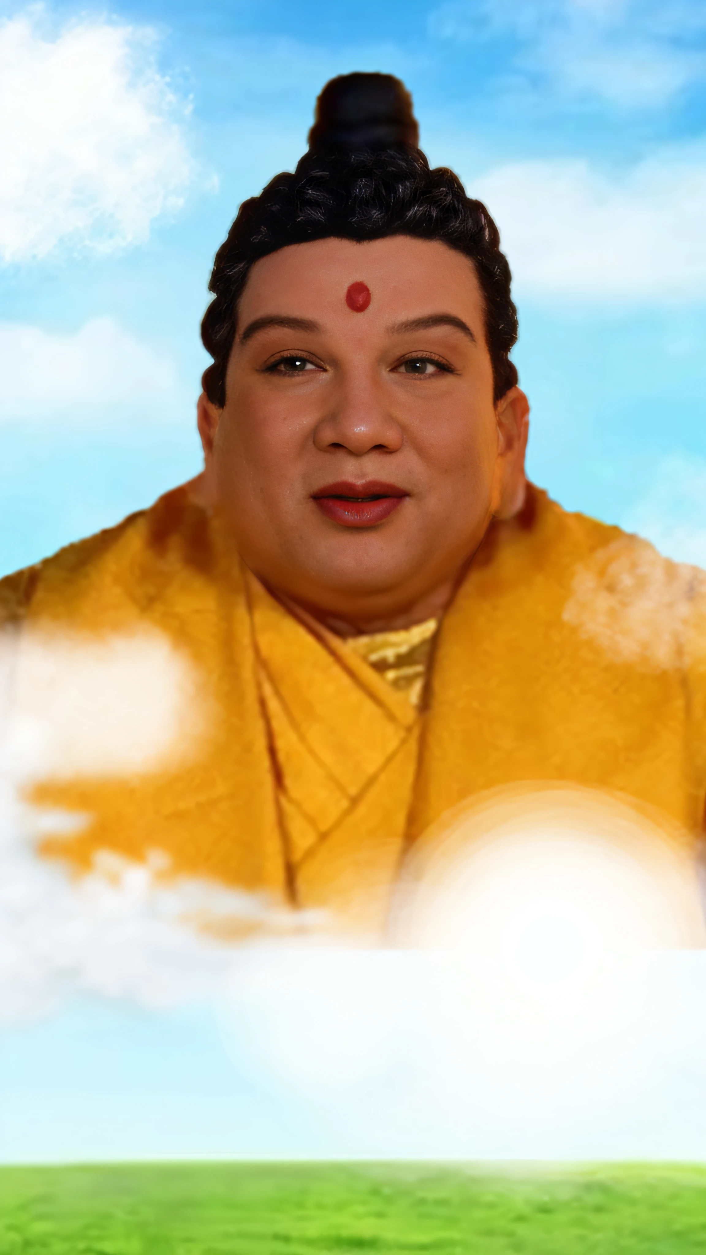 A close-up of a man dressed in yellow，In the background are the sky, divine background, hindu god, indian god, Chen Xudong, cyborg hindu godbody, the non-binary deity of spring, Deities, patron saint of 🛸🌈👩🏾, Divine, cybertronic hindu temple, Sakimican, fat cloud, meme format, internet meme, meme template