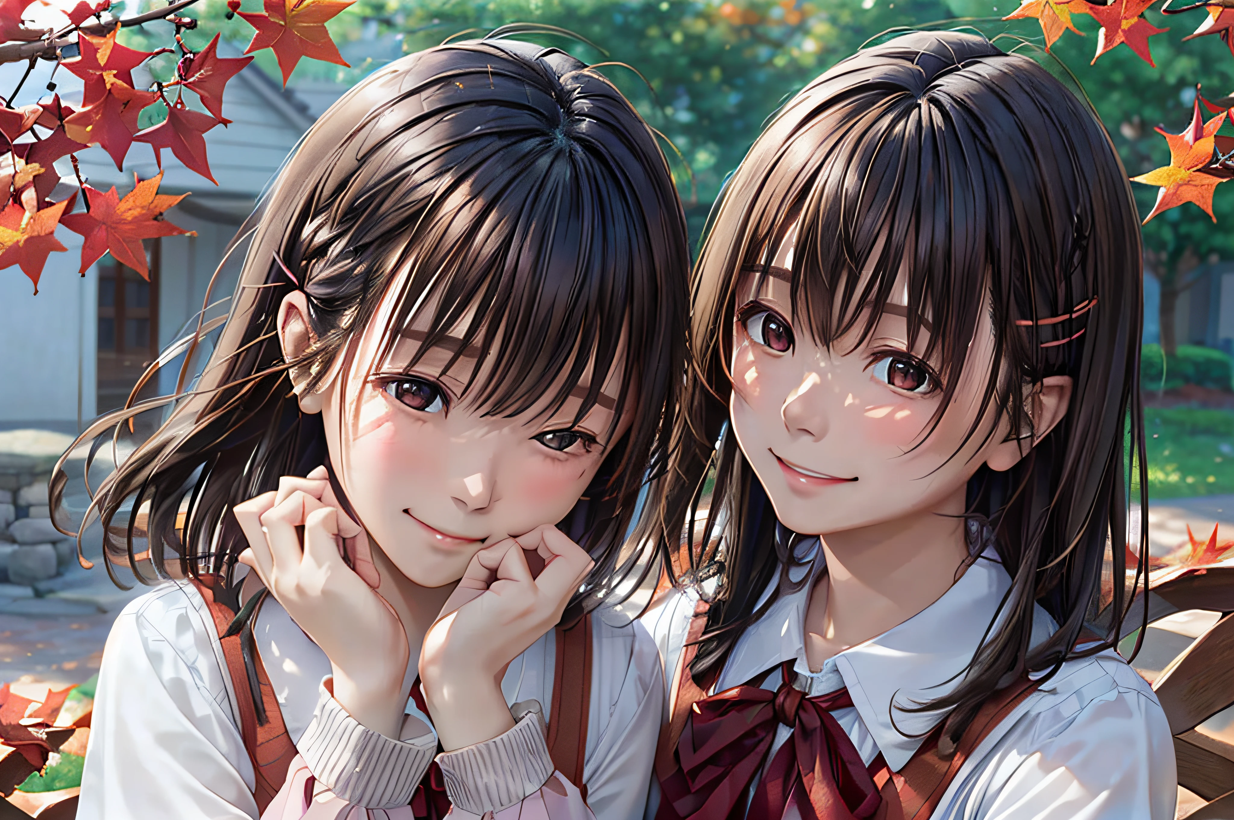 The background is a tree with blurred autumn leaves々、Autumn red leaves in the background、autumnal、hi-school girl、soio、校服、Close-up in profile、​masterpiece、top-quality、top-quality、realisitic、8k 、Highly detailed CG、hight resolution、ultra-detailliert、finely detail、lighting like a movie、(1girl:1.4 )、(Brownish|A dark-haired:1.4)、with light glowing、Leaves fluttering in the wind、Medium hair, (real looking skin:1.2)、(light brown-skinned:1.2)、 Beautiful Girl Beautiful Details、extremely detailed eye and face、Eyes with beautiful details、ultra detailed and beautiful、red blush、embarrassed from、a smile、Hair swaying in the wind、outside of house、daytime、during the day