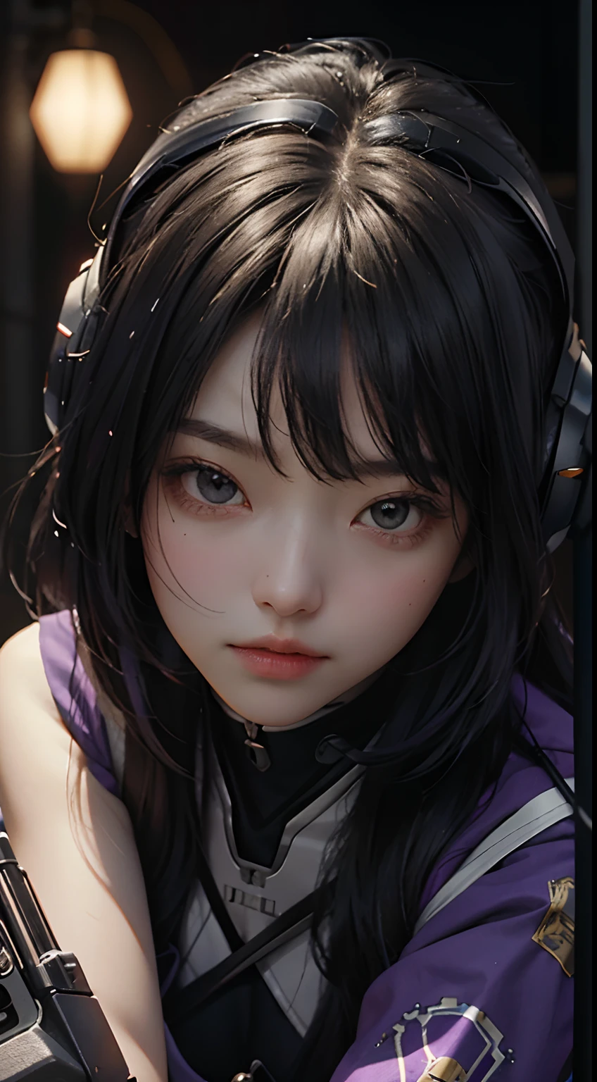 Highest image quality，Outstanding details，超高分辨率，（fidelity：1.4），The best illustration，Favor the details，Highly cohesive 1girl，He has a delicate and beautiful face，Dressed in a black-purple mech，wearing a mech helmet，Hold the direction controller，Riding on a motorcycle，1girll，long trousers，The background is a high-tech lighting scene in the future city。