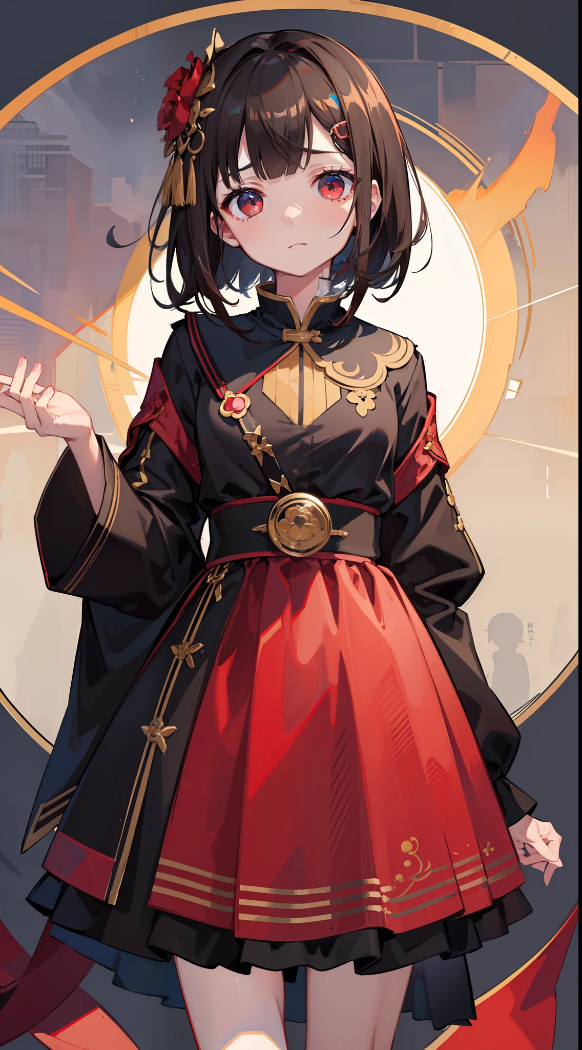 Simple background、(top-quality、in 8K、masterpiece:1.3)、 Highly detailed facial and skin texture、{Very delicate red fishing eyes}、二重まぶた、de pele branca、(with round face:1.5)、A dark-haired、Beautie、{A dark-haired、Medium Hair}、{Medium Hair}、military outfits、{Black rose hair accessories on the left and right sides of the head:1.5}、Standing picture、erect through