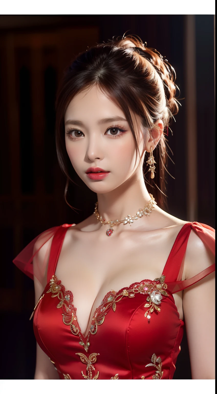 best qualtiy,tmasterpiece,A high resolution,1girll,Red floral dress,Red dress,Dress dress,hair adornments,choker necklace,jewely,beautiful face,Red high-gloss lipstick,Physically,Dingdall effect,realisticlying,Dark Studio,edge lit,twotonelighting,(highdetailskin:1.2),8K Ultra HD, Digital SLR, softlighting, high high quality, volumettic light, sneak shot, photore, A high resolution, 4K, 8K, Background bokeh,