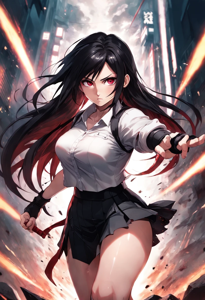 masterpiece,(Tifa Lockheart in a fighting stance),(adult woman:1.2),tall,(long dark hair tied at the end of the hair), crimson eyes,white shirt,black skirt,busty curvy body,thin waist,dystopian background
