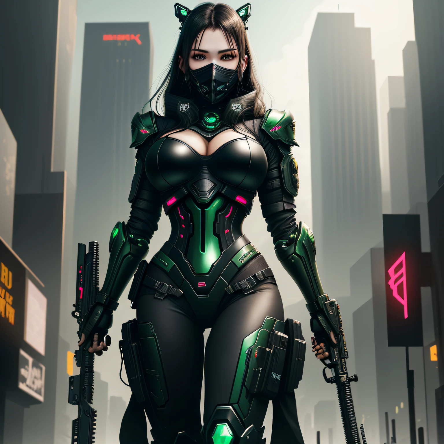 (best quality) (extra high definition) women big tits with mask, dark style, black titanium armor green details, looking at you, weapon in hand, cyberpunk city