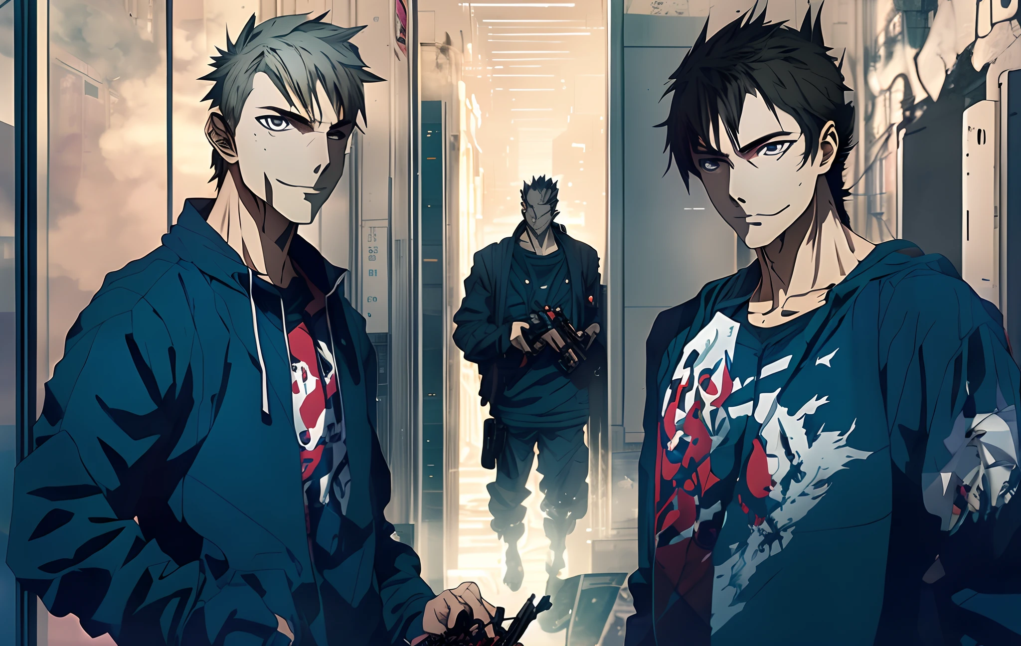 Anime characters in the hallway,A man with a gun, akehiko inoue and ross tran, Martin Ansin, bob larkin and tomer hanuka, ross tran and bayard wu, martin ansin artwork portrait, rob rey and kentaro miura style, jin shan and ross tran, Anime cyberpunk moderno, Ross Tran style