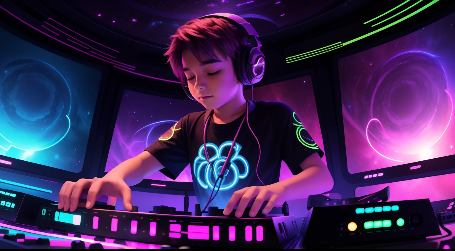 Galactic DJ in Neon Skies:
Envision a teen DJ mixing beats amidst neon-colored galaxies, where music and stars sync in cosmic harmony.