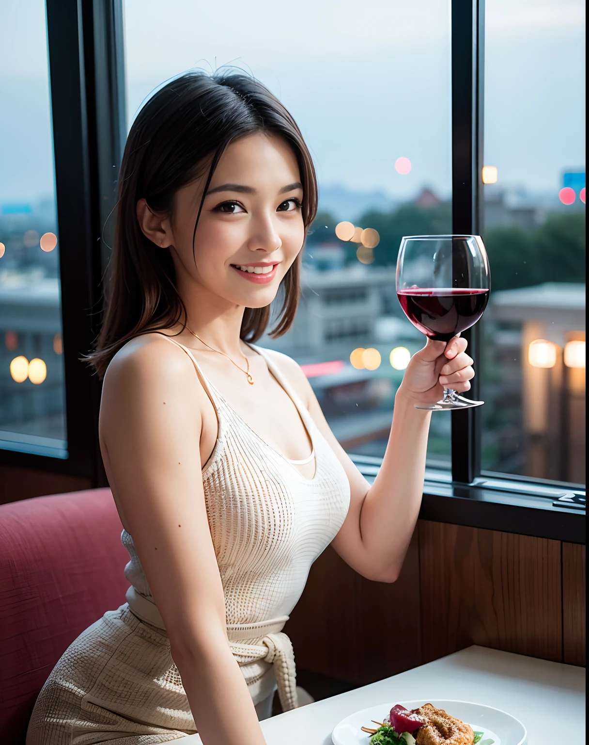 (64K, UHD, top quality, masterpiece: 1.2), (realistic, photorealistic: 1.37), super detailed, pretty woman 1 person, (slim face), (slim body), (brown hair), (short cut), cheeks slightly blushing, (41 years old), 38 years old, solo, outside the window is a beautiful detailed urban night view, restaurant, wine glasses sit, at night, in a prominent place (from the waist up) NovaFrogStyle, Actress, Model, Waist Up, White Wine, Slim, Wine Glass, Super Clean Night View, Wine Glass Put in the Middle, Happy Smile, (Smile: 1.15), Beautiful Fine Eyes, Upper Body, Bust Japan Up, Night, Short, Short, Actress, Model, Waist Up, White Wine, Slim, Wine Glass, Super Clean Night View, Wine Glass Put in the Middle, Happy Smile,