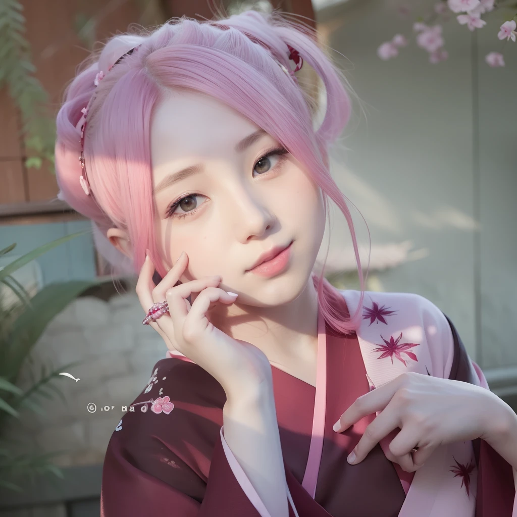 Sakura uchiha. A woman was in the yard. He wore a pink kimono. Just like the color kimonos. She had pink hair. Pale white skin. Her cheeks were rosy. And her lips are tantalizing red. She looks so graceful and realistic