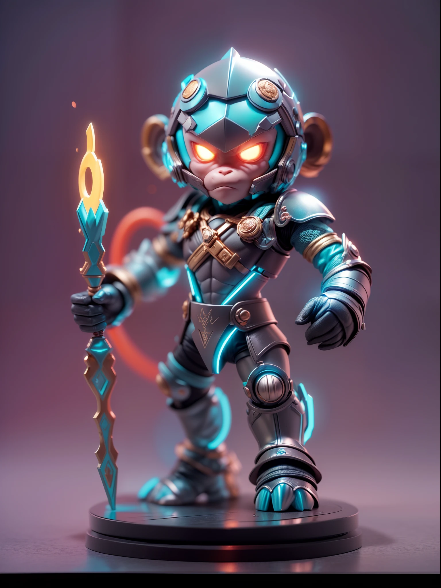 (Blind box toy style:1.3),((Full body shot))(anthropomorphism) , (1 strong monkey metal warrior)(((solo))) metal armor,dreamy glow, Clean dark background,Red cyan style，(circular base）( Global illumination, Ray tracing, hdr, unreal render,reasonable design, high detail, Masterpiece, Best quality, hyper HD, Cinematic lighting)