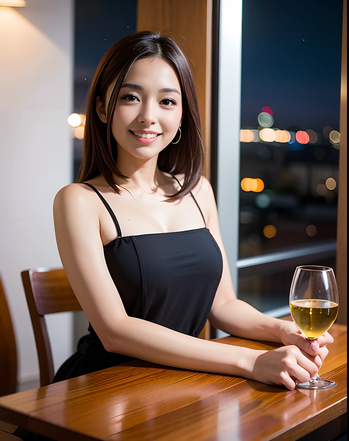(64K, UHD, top quality, masterpiece: 1.2), (realistic, photorealistic: 1.37), super detailed, pretty woman 1 person, (slim face), (slim body), (brown hair), (short cut), cheeks slightly blushing, (44 years old), 38 years old, solo, beautiful detailed urban night view outside the window, restaurant, wine glasses sit, at night, in a prominent placeNovaFrogStyle, Actress, Model, Waist Up, White Wine, Slim, Wine Glass, Super Clean Night View, Wine Glass Put in the Middle, Happy Smile, (Smile: 1.15), Beautiful Fine Eyes, Upper Body, Bust Japan Up, Night, Short, Short, Actress, Model, Waist Up, White Wine, Slim, Wine Glass, Super Clean Night View, Wine Glass Put in the Middle, Happy Smile,