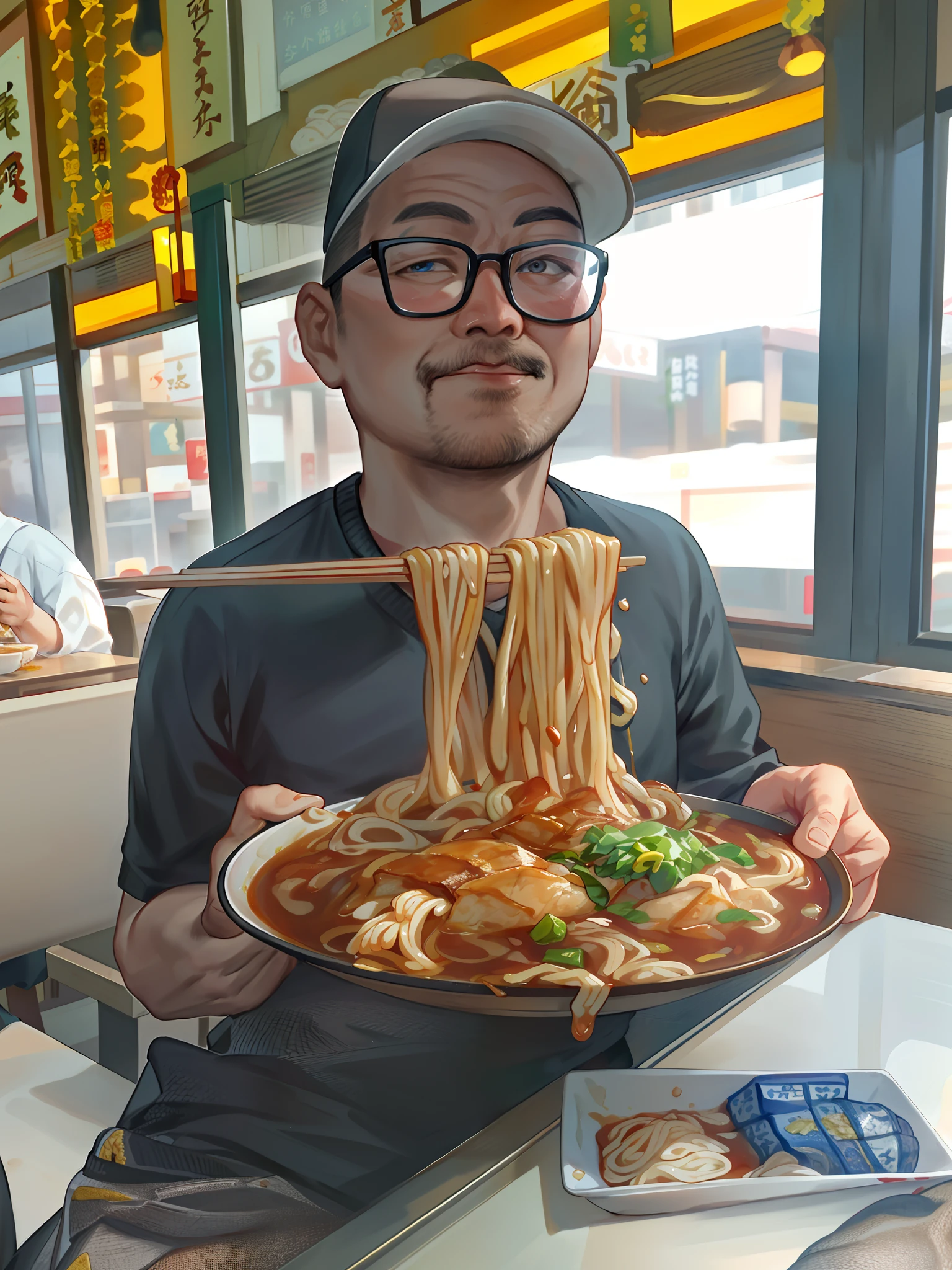 Alabi Asian man eats noodles with chopsticks at restaurant, Eating noodles, delicacy, offering a plate of food, taken with sony alpha 9, eating ramen noodles, like jiufen, mukbang, messy eater, closeup at the food, in hong kong, kakar cheung, taken with a Sony A7R camera, very artistic poses, huge chin