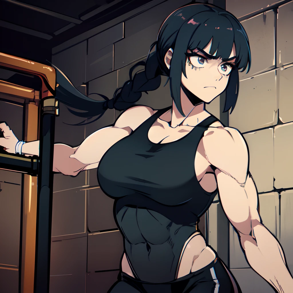 muscular_female, solo, buff_woman, biceps, at_the_gym, behind_the_jail_bars, very long ponytail hair, black hair, shiny hair, emotionless eyes, thick linked eyelashes, black eyes, tank top shirt, shaped clothes, black pantalon,