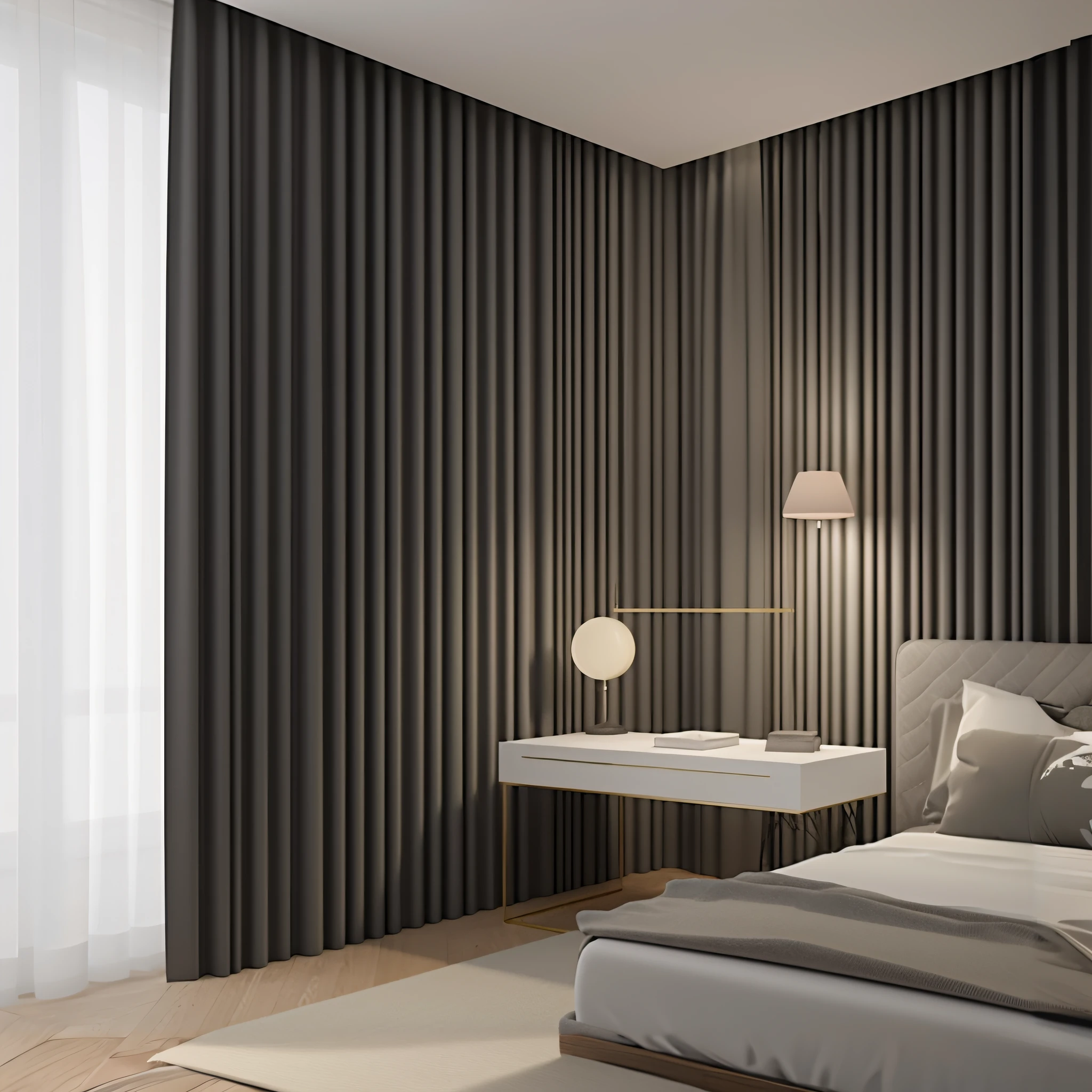 There is a bed with a white headboard and a lamp, background made of big curtains, modern minimalist f 2 0, Dark bedroom, modern minimalist f 2 0 clean, luxcore render, dimly lit bedroom, modern minimal design, curving black, well lit 3 d render, Flowing realistic fabric, rendered in vray, draped drapes