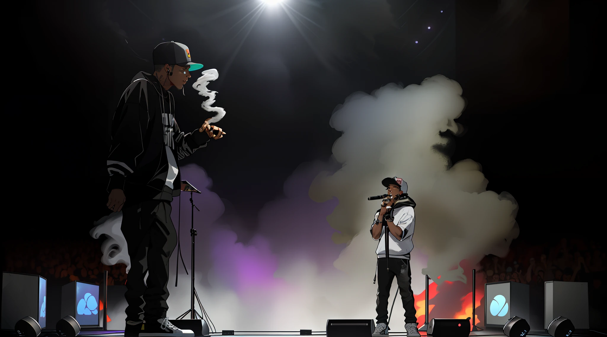 There's a rapper on stage at the show, in front of smoke behind, rap no palco do festival, smoke and gas, Apresentando-se no palco, aceso de lado, smoke in front, in clouds of smoke, in front of the dark smoke, no palco, atmosfera fumegante, with smoke, cena de rap