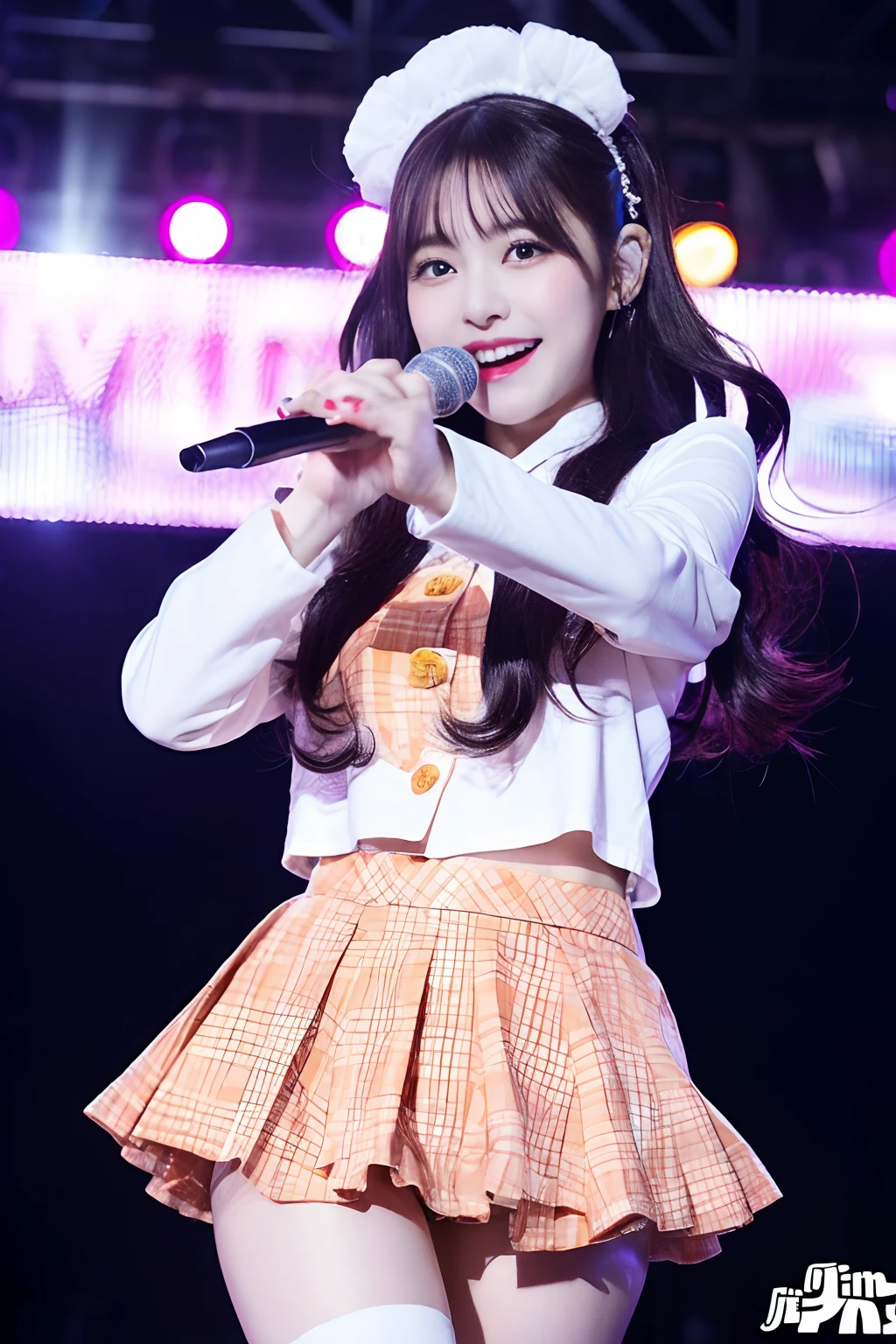 「NSFW」4k、high-detail、japanaese girl、Healthy skin、modeled、Beautiful leg mini skirt、kawaii faces、Popular Japan idols with a smile、Big eye false eyelashes、(((Dancing and singing on stage)))、Lit up、jumpping、Korean adult idols、Mature costumes
