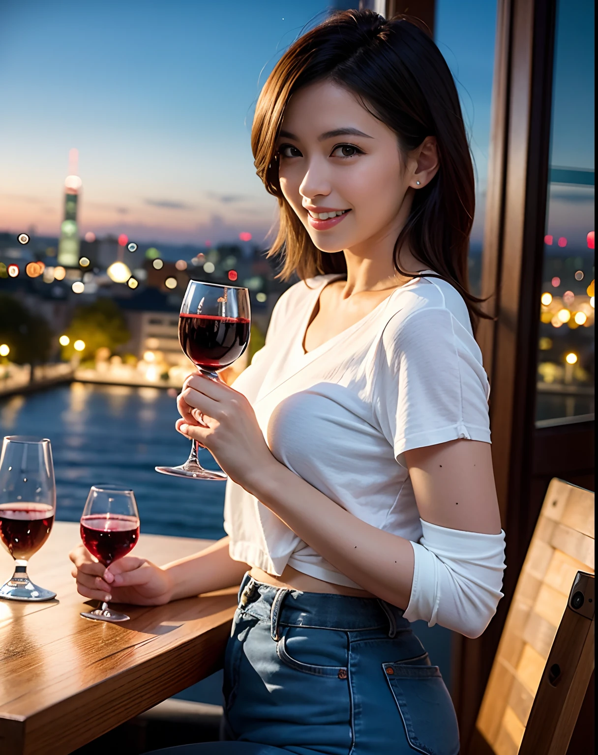 (64K, UHD, top quality, masterpiece: 1.2), (realistic, photorealistic: 1.37), super detailed, pretty woman 1 person, (slim face), (slim body), (brown hair), (short cut), cheeks slightly blushing, (44 years old), 38 years old, solo, beautiful detailed urban night view outside the window, restaurant, wine glasses sit, at night, in a prominent placeNovaFrogStyle, Actress, Model, Waist Up, White Wine, Slim, Wine Glass, Super Clean Night View, Wine Glass Put in the Middle, Happy Smile, (Smile: 1.15), Beautiful Fine Eyes, Upper Body, Bust Japan Up, Night, Short, Short, Actress, Model, Waist Up, White Wine, Slim, Wine Glass, Super Clean Night View, Wine Glass Put in the Middle, Happy Smile,