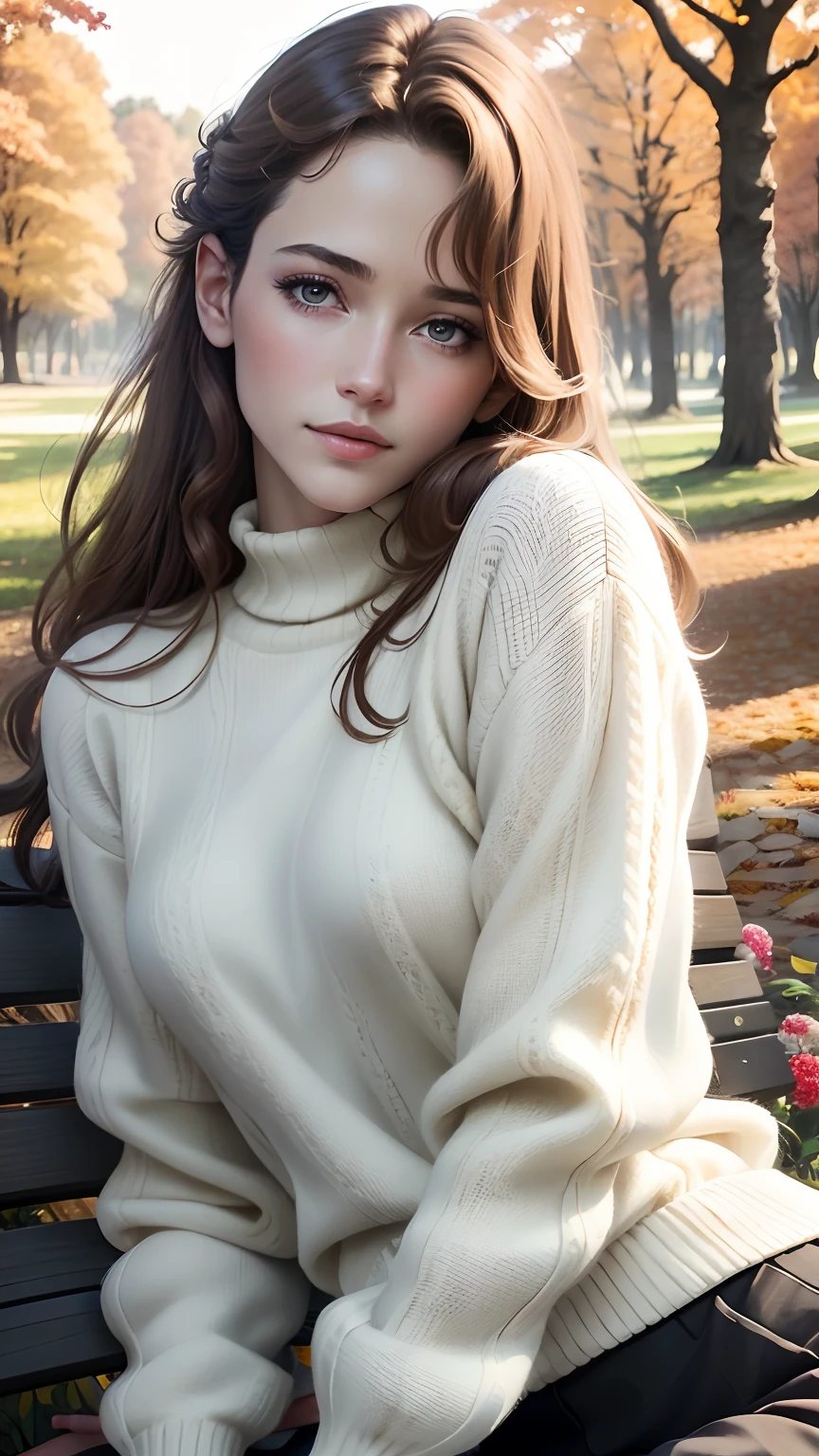 Beautiful and elegant French girl,Twenty-two years old, Actress Sophie Marceau,(The face looks like Sophie Mapuis),Short golden-brown hair,A shallow smile,(Blue affectionate eyes),(Very detailed and perfect facial depiction),Sit sideways on a park bench,Side view,Look back at the audience affectionately,A hint of melancholy,Milky white sweater,Black Capri pants,Trees in late autumn,Foliage,The setting sun shines obliquely,Autumn tones,(A variety of flowers:1.1),(light and shadow effect),(Light particle tracing),(vivd colour),(Obvious layers),(Photography Award),(8k wallpaper),(Masterpiece),(best qualtiy), photorealestic,realisticlying