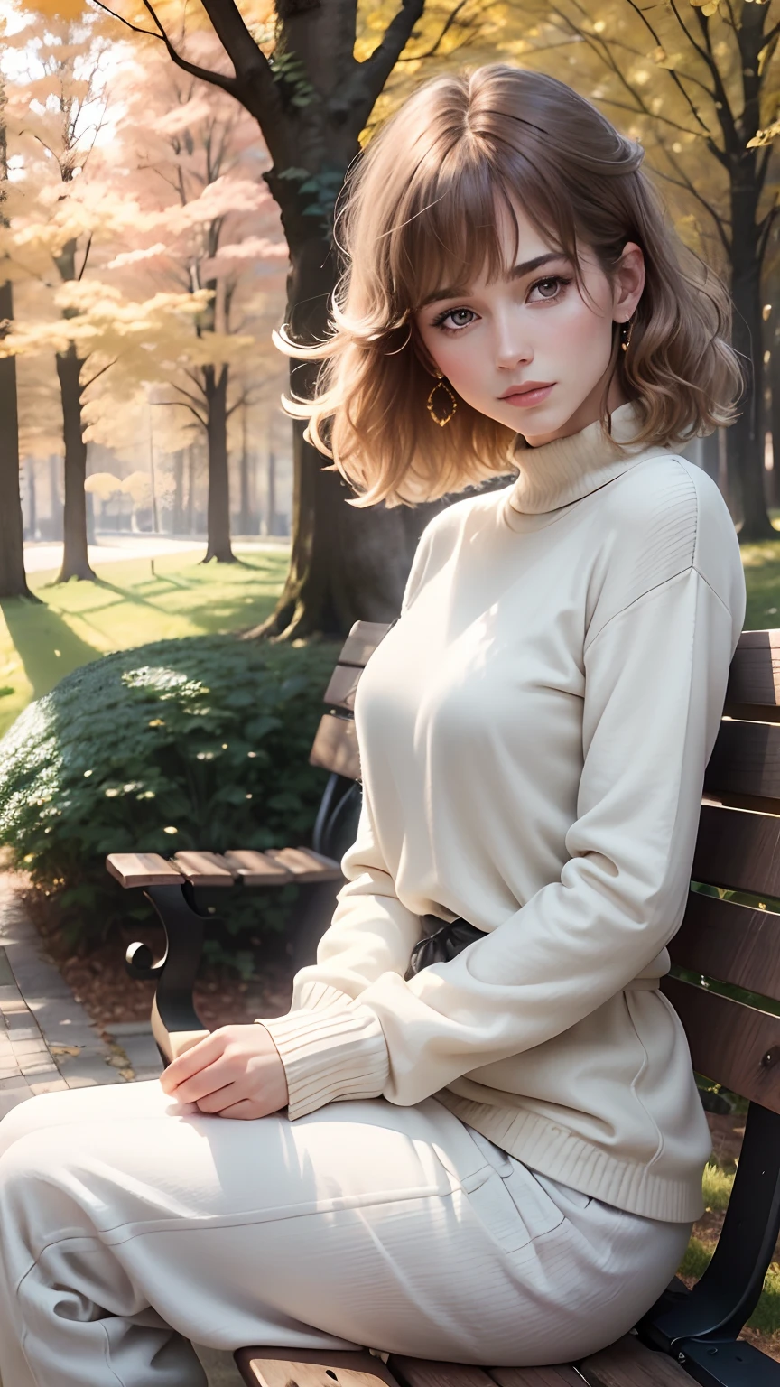 Beautiful and elegant French girl,Twenty-two years old, Actress Sophie Marceau,(The face looks like Sophie Mapuis),Short golden-brown hair,A shallow smile,(Blue affectionate eyes),(Very detailed and perfect facial depiction),Sit sideways on a park bench,Side view,Look back at the audience affectionately,A hint of melancholy,Milky white sweater,Black Capri pants,Trees in late autumn,Foliage,The setting sun shines obliquely,Autumn tones,(A variety of flowers:1.1),(light and shadow effect),(Light particle tracing),(vivd colour),(Obvious layers),(Photography Award),(8k wallpaper),(Masterpiece),(best qualtiy), photorealestic,realisticlying