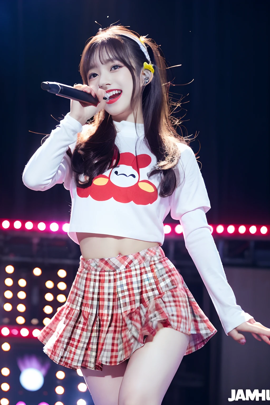 「NSFW」4k、high-detail、japanaese girl、Healthy skin、modeled、Beautiful leg mini skirt、kawaii faces、Popular Japan idols with a smile、Big eye false eyelashes、(((Dancing and singing on stage)))