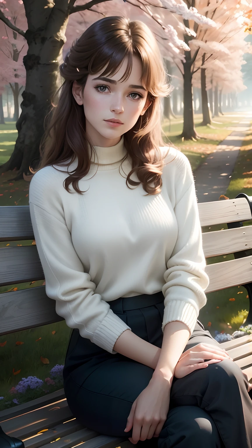 Beautiful and elegant French girl,Twenty-two years old, Actress Sophie Marceau,(The face looks like Sophie Mapuis),Short golden-brown hair,A shallow smile,(Blue affectionate eyes),(Very detailed and perfect facial depiction),Sit sideways on a park bench,Side view,Look back at the audience affectionately,A hint of melancholy,Milky white sweater,Black Capri pants,Trees in late autumn,Foliage,The setting sun shines obliquely,Autumn tones,(A variety of flowers:1.1),(light and shadow effect),(Light particle tracing),(vivd colour),(Obvious layers),(Photography Award),(8k wallpaper),(Masterpiece),(best qualtiy), photorealestic,realisticlying
