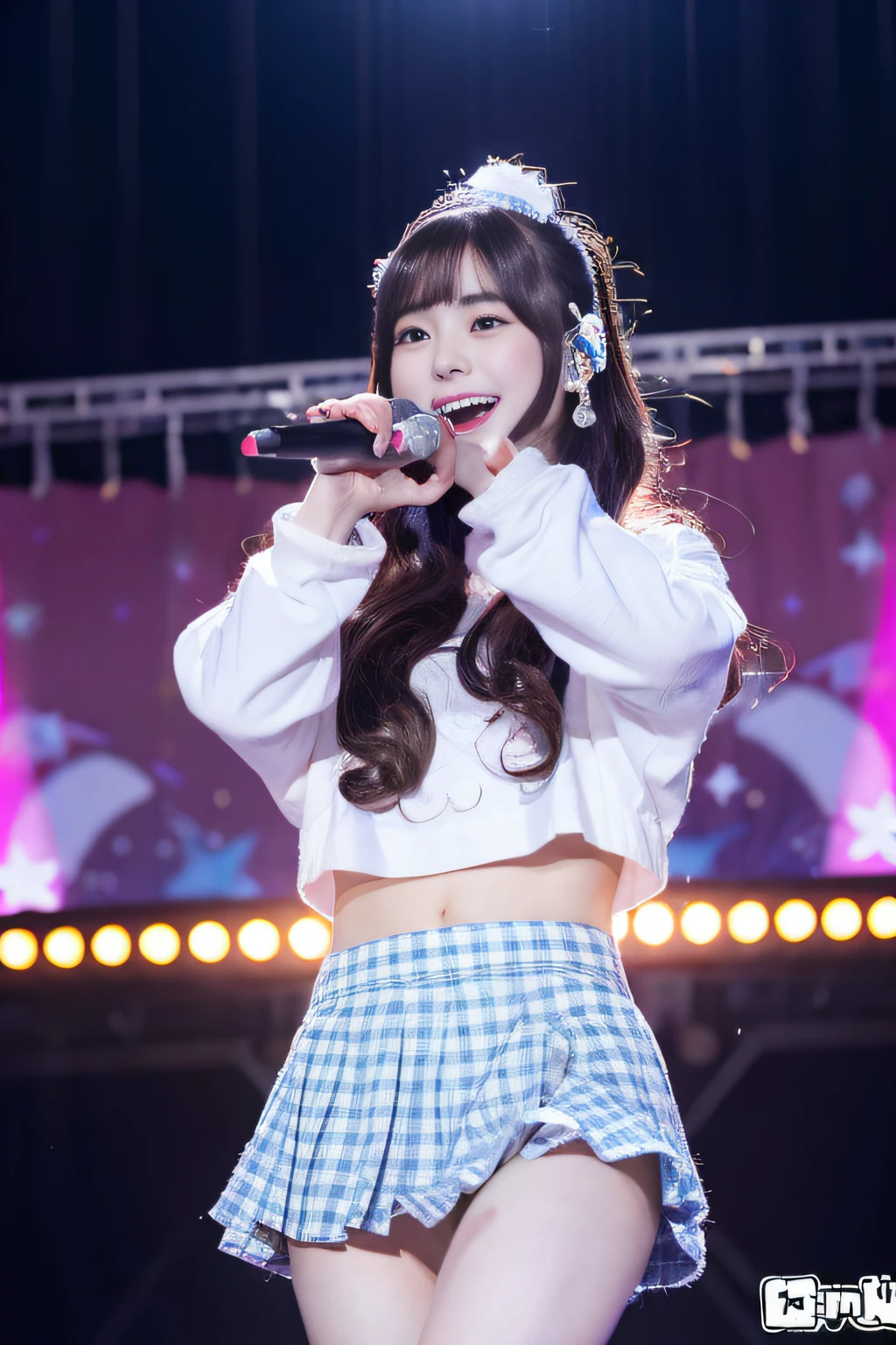 「NSFW」4k、high-detail、japanaese girl、Healthy skin、modeled、Beautiful leg mini skirt、kawaii faces、Popular Japan idols with a smile、Big eye false eyelashes、(((Dancing and singing on stage)))、Lit up、jumpping、Korean adult idols、Mature costumes