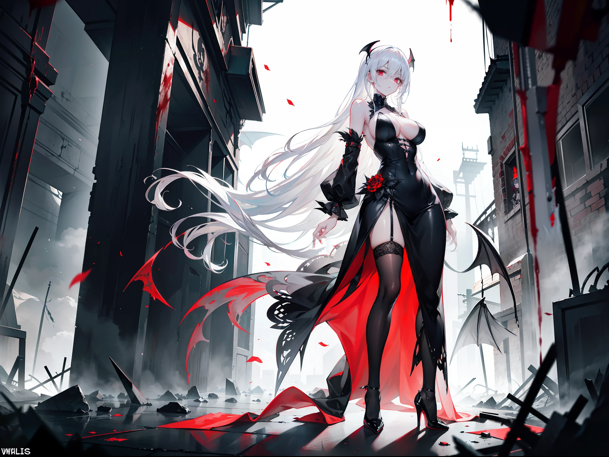Beautiful girl with white hair,Extremely tall,Extremely thin,Poor milk,Wearing a black dress,Extremely high heels,Master the power of hurricanes,Stand in front of a tornado,Stand in an eerie Gothic building,The figure is extremely tall and slender,The skirt of the dress was blown up by the hurricane,Extremely high heels,Surrounded by hurricanes,The background is a ruined city,Wear black stockings,Blood-stained sword in hand,Be covered in blood,The white hair was stained with red blood,The expression is sinister,Perverted,Murderer,terroral,A pair of huge black wings grew behind him,The demons,White pupils,Blood-red eyelashes,Covered in blood,A pair of huge black wings grew behind him,The demons,The legs are extremely thin,There is no sense of strangulation,Emaciated,emaciated,People with anorexia,,Wrumble,抖S,sadism,Leaking stocking feet