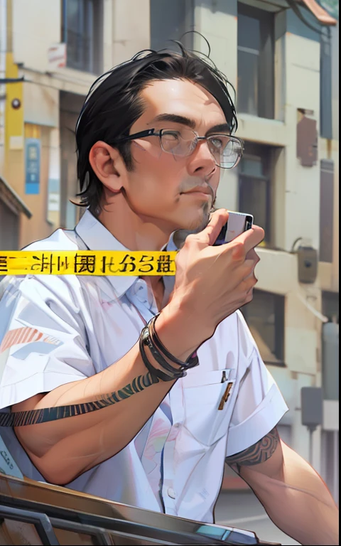 A man with a pager,Wear a short-sleeved shirt,Cinematic texture