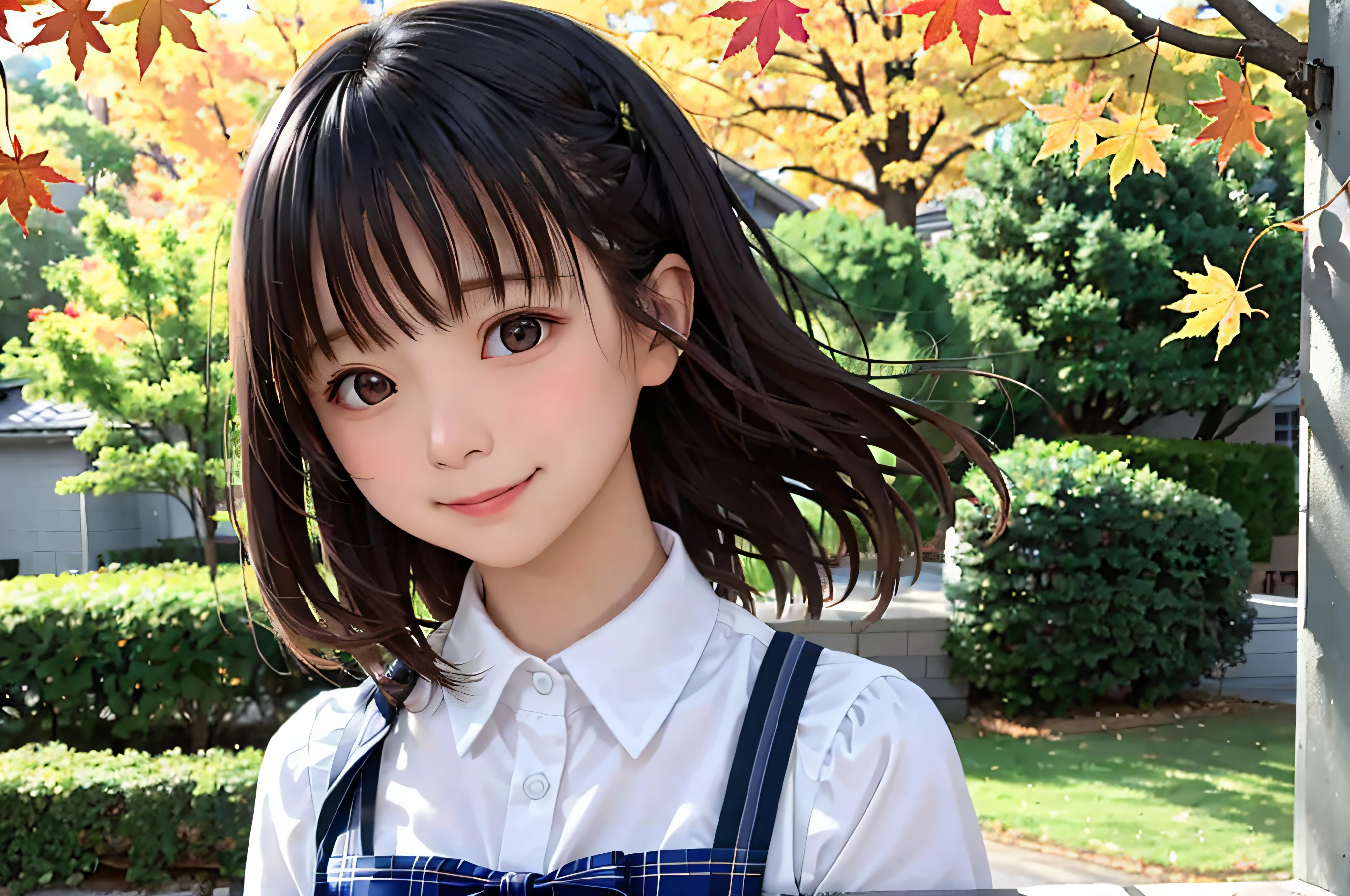 The background is a tree with blurred autumn leaves々、hi-school girl、校服、Close-up in profile、1人、Shoulder、enticing、smil、​masterpiece、top-quality、top-quality、超A high resolution、realisitic、8k 、Highly detailed CG、illustratio、ultra-detailliert、finely detail、lighting like a movie、with light glowing、Leaves fluttering in the wind、Medium hair, (real looking skin:1.2)、 Beautiful Girl Beautiful Details、extremely detailed eye and face、Eyes with beautiful details、ultra detailed and beautiful、red blush、embarrassed from、a smile、Hair swaying in the wind、outside of house、daytime、during the day、autumnal