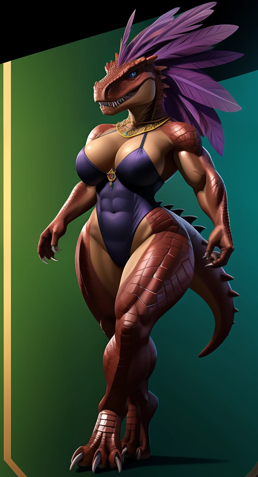 Anthropomorphic, furry, scaly, hybrid, woman, dinosaur, tyrannosaurus, black high cut leotard, black high leg leotard, sexy, curvy body, muscular body, thicc, claws, sharp teeth, fangs, tail, scales, hair, violet colored feather mane, fierce, busty, beautiful, lovely, savage, powerful, sexy legs, sexy hips, loving wife, giant, ruby red scales, emerald green scaled underside, violet stripes, confident, strong, blue eyes with black slit pupils, long legs, seductive, loving, hourglass body, jewelry, fit body, short arms, fully scaled, big head, monstrous, beastly beauty, proud, close up, regal looking, dark skin, hard abs, bare feet, spikes, reptile, sensual, T-Rex, queen, transparent background, blank background, tail comming out of the spine,