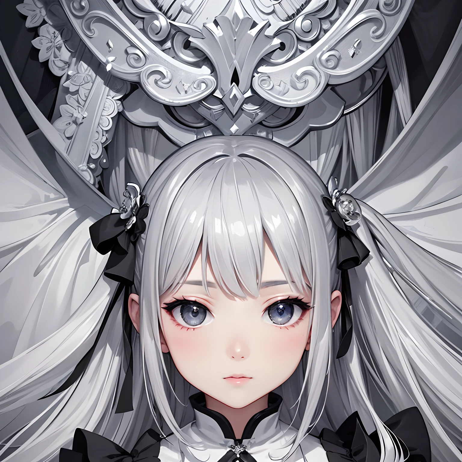 ​masterpiece、top-quality、hight resolution、High-quality images、8K、1womanl、detaileds、Detailed eye depiction、skin gloss、Lustrous silver hair、Monochrome grayscale、Nomiya、portlate、Childhood