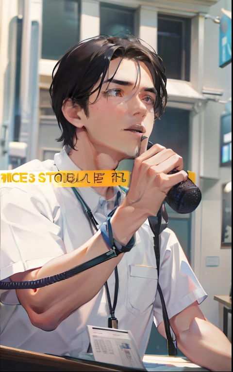 A man，Wear a short-sleeved shirt，Speak with a microphone，Cinematic texture