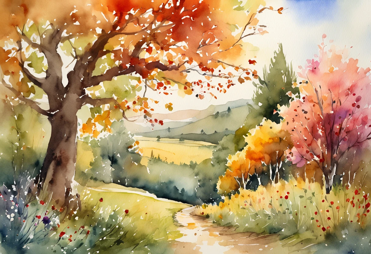 Hyper detailed, ultra high resolution, watercolor illustration of the countryside in mid fall, lush colors, brilliant landscape, dreamy atmosphere, light bloom