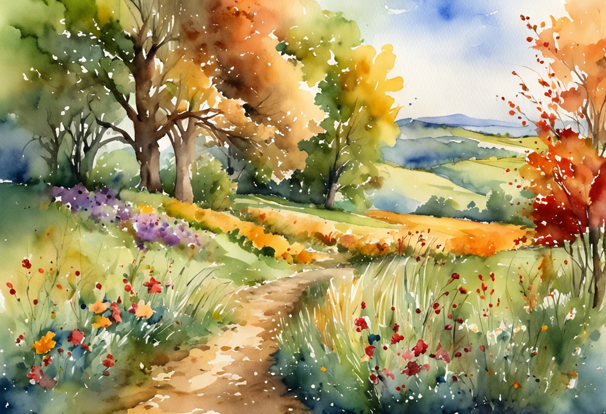 Hyper detailed, ultra high resolution, watercolor illustration of the countryside in mid fall, lush colors, brilliant landscape, dreamy atmosphere, light bloom