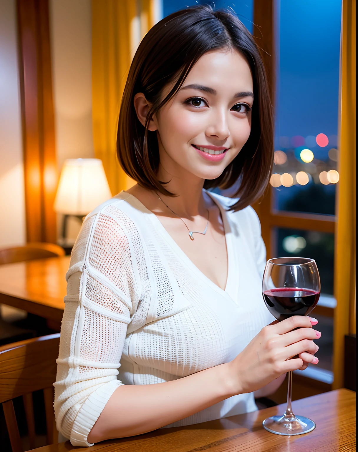 (64K, UHD, top quality, masterpiece: 1.2), (realistic, photorealistic: 1.37), super detailed, pretty woman 1 person, (slim face), (slim body), (brown hair), (short cut), cheeks slightly blushing, (41 years old), 38 years old, solo, outside the window is a beautiful detailed urban night view, restaurant, wine glasses sit, at night, in a prominent place (from the waist up) NovaFrogStyle, Actress, Model, Waist Up, White Wine, Slim, Wine Glass, Super Clean Night View, Wine Glass Put in the Middle, Happy Smile, (Smile: 1.15), Beautiful Fine Eyes, Upper Body, Bust Japan Up, Night, Short, Short, Actress, Model, Waist Up, White Wine, Slim, Wine Glass, Super Clean Night View, Wine Glass Put in the Middle, Happy Smile,